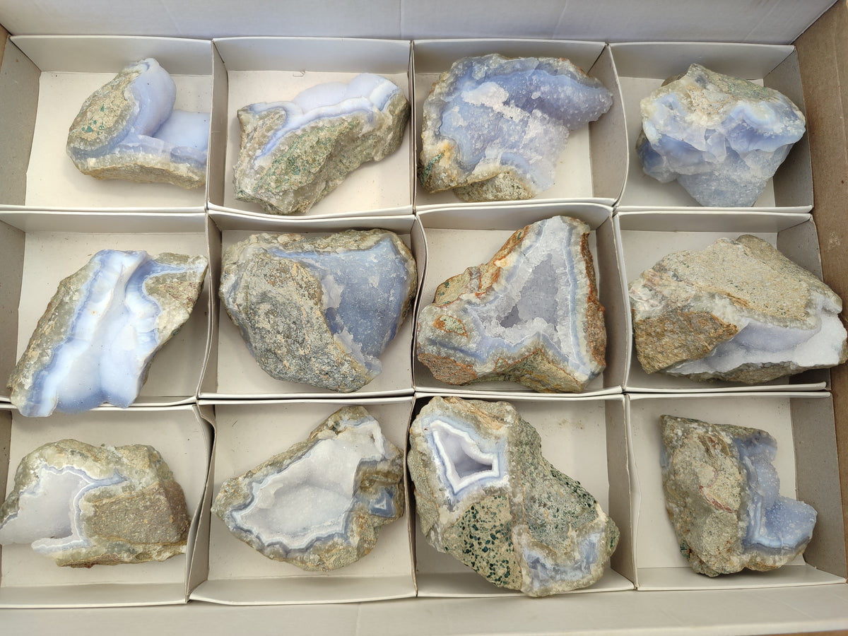 Natural Blue Lace Agate Geode Specimens x 12 From Nsanje, Malawi - Toprock Gemstones and Minerals 
