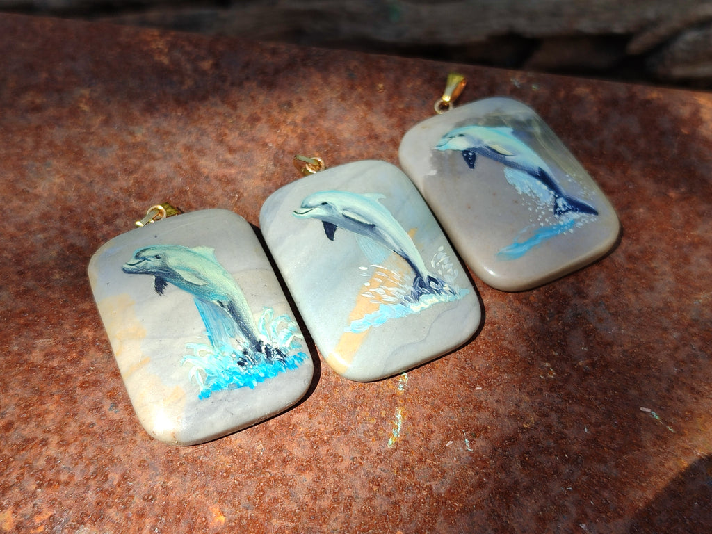 Polished Polychrome Jasper Pendant with Hand Painted Dolphin - sold per item - From Madagascar - Toprock Gemstones and Minerals 
