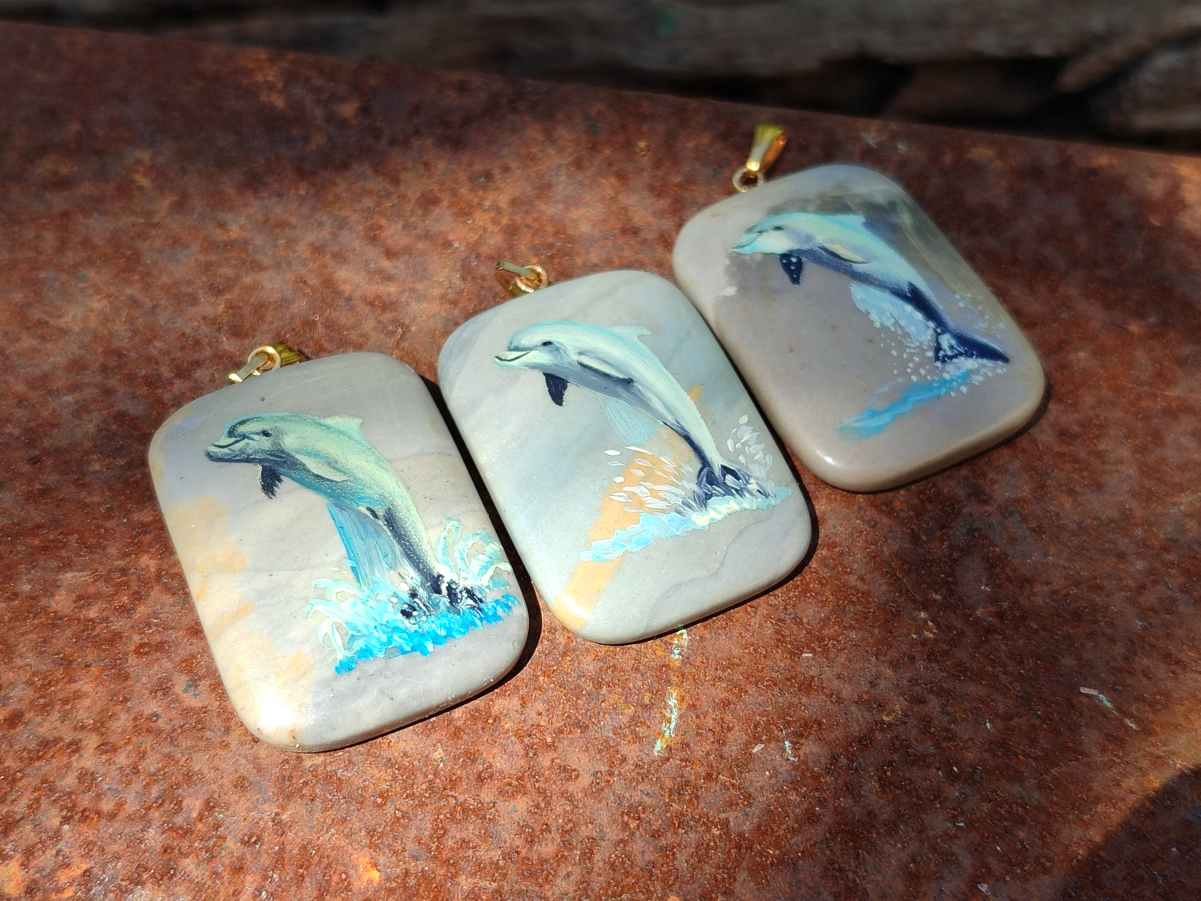 Polished Polychrome Jasper Pendant with Hand Painted Dolphin - sold per item - From Madagascar - Toprock Gemstones and Minerals 