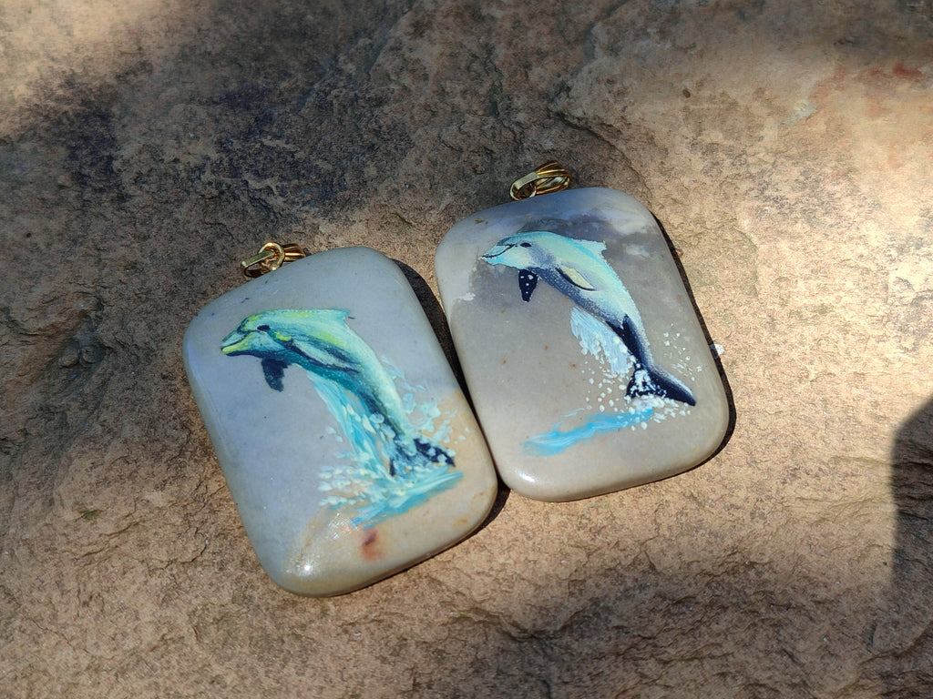 Polished Polychrome Jasper Pendant with Hand Painted Dolphin - sold per item - From Madagascar - Toprock Gemstones and Minerals 