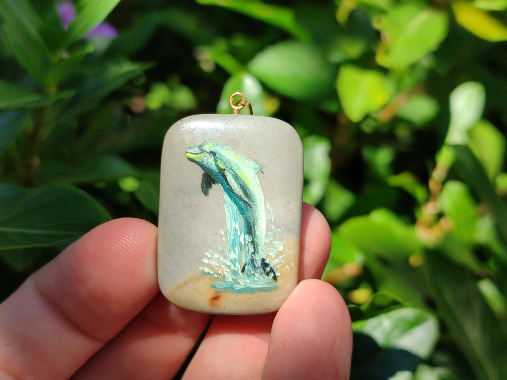 Polished Polychrome Jasper Pendant with Hand Painted Dolphin - sold per item - From Madagascar - Toprock Gemstones and Minerals 