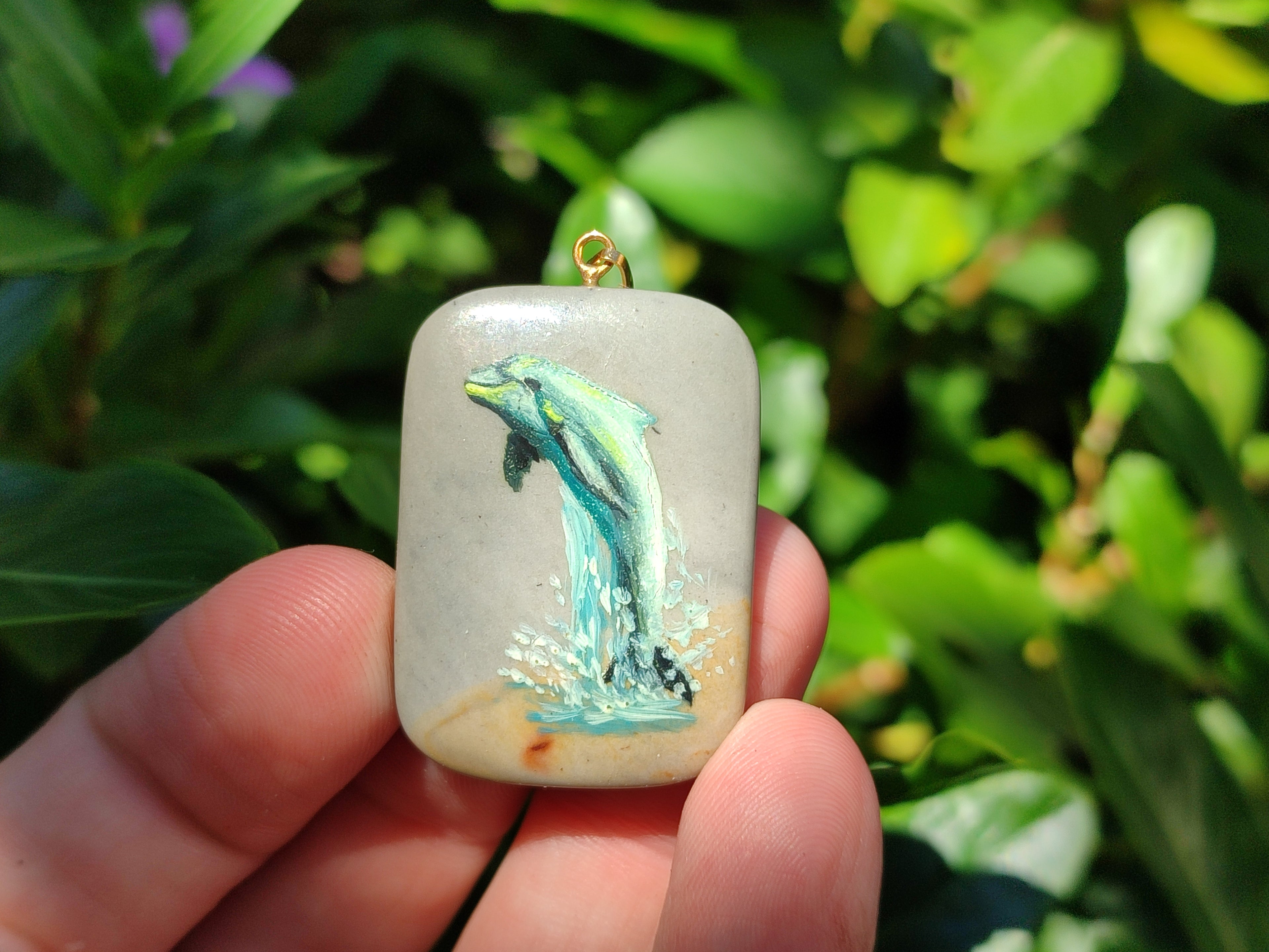 Polished Polychrome Jasper Pendant with Hand Painted Dolphin - sold per item - From Madagascar - Toprock Gemstones and Minerals 