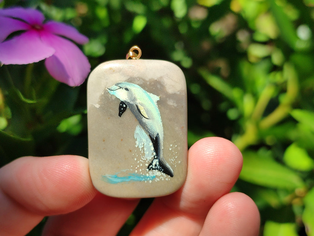Polished Polychrome Jasper Pendant with Hand Painted Dolphin - sold per item - From Madagascar - Toprock Gemstones and Minerals 