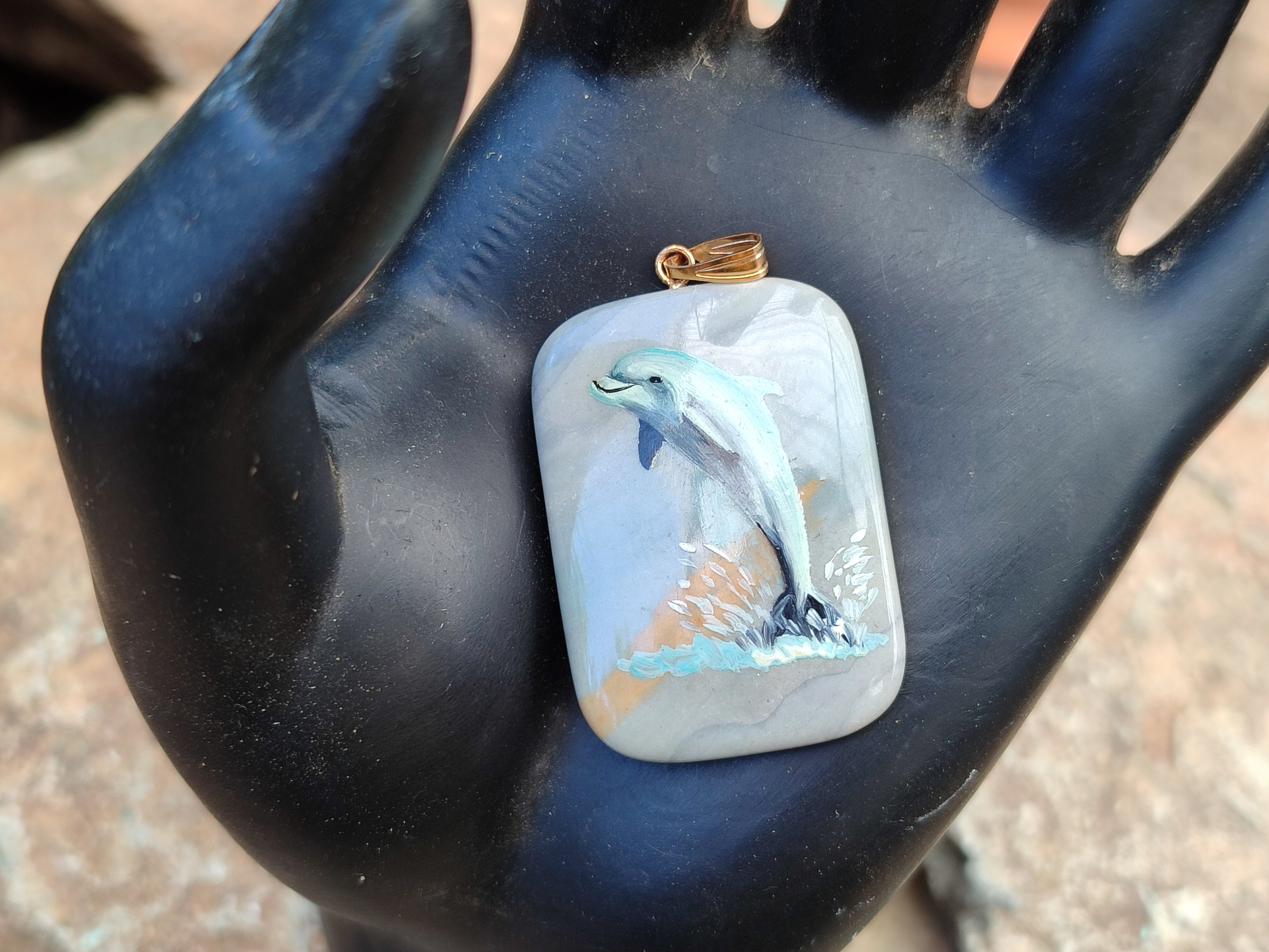 Polished Polychrome Jasper Pendant with Hand Painted Dolphin - sold per item - From Madagascar - Toprock Gemstones and Minerals 