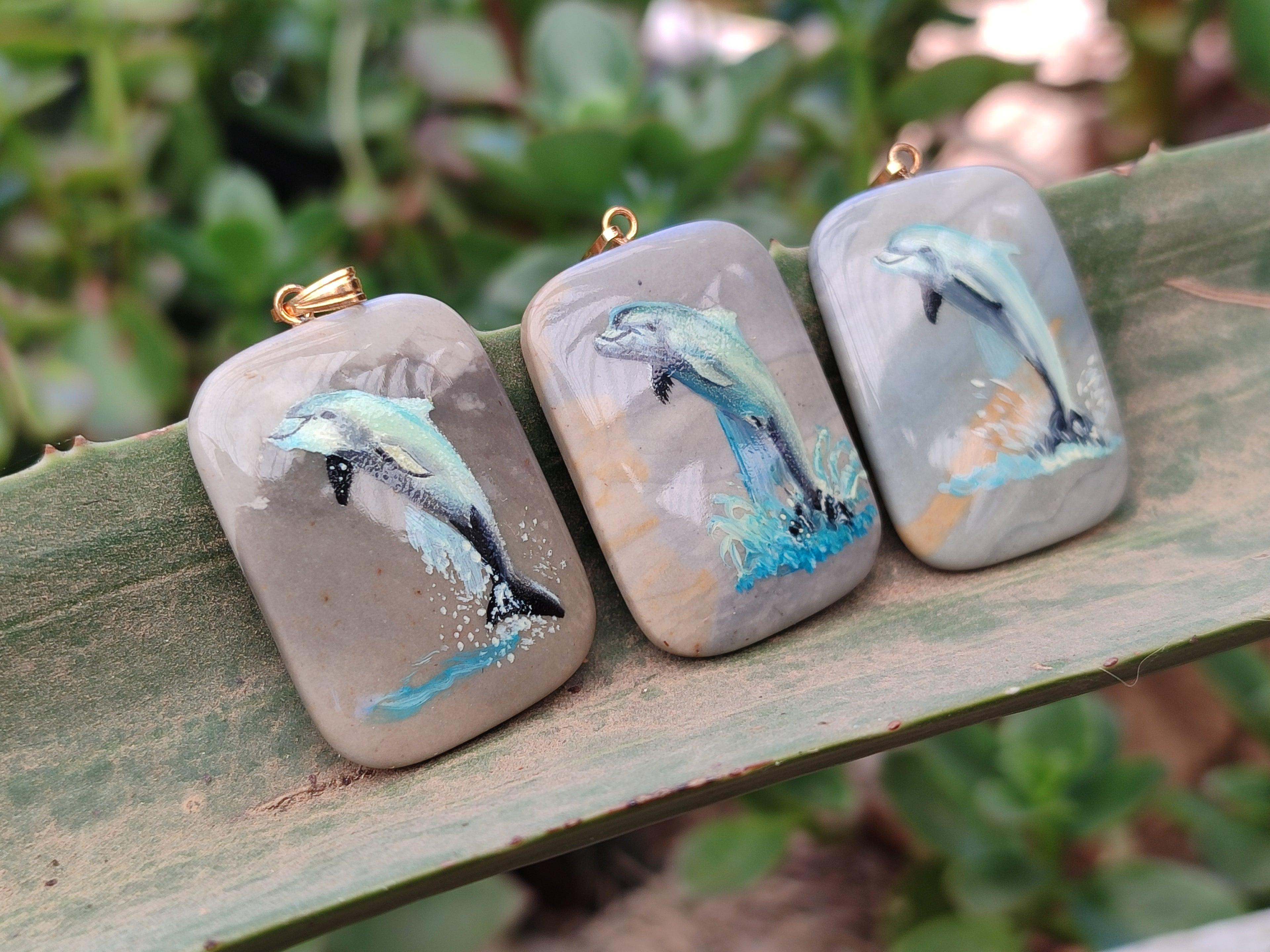 Polished Polychrome Jasper Pendant with Hand Painted Dolphin - sold per item - From Madagascar - Toprock Gemstones and Minerals 