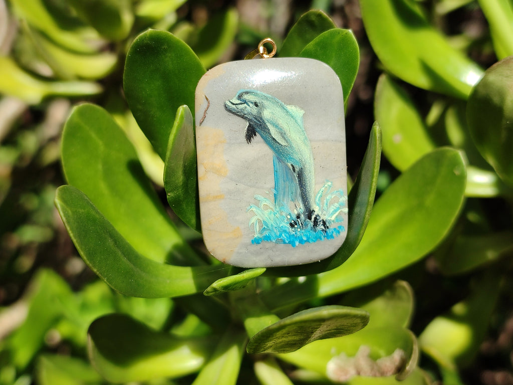 Polished Polychrome Jasper Pendant with Hand Painted Dolphin - sold per item - From Madagascar - Toprock Gemstones and Minerals 