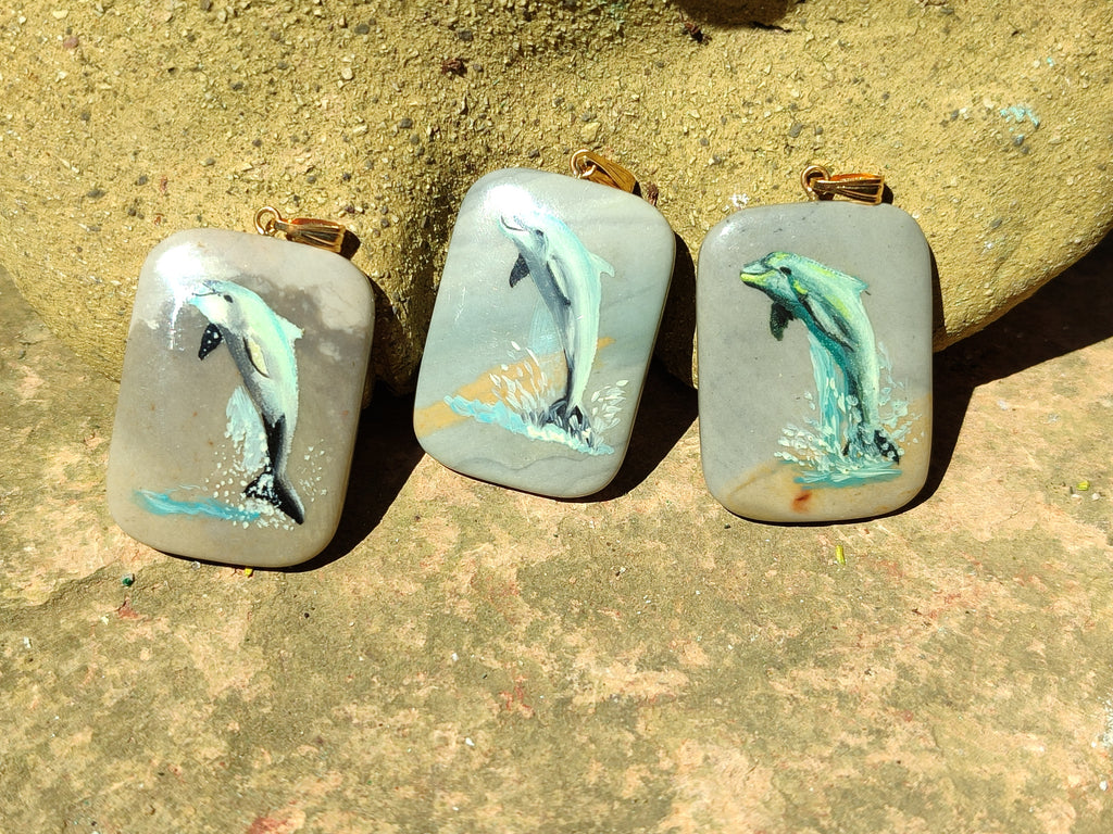 Polished Polychrome Jasper Pendant with Hand Painted Dolphin - sold per item - From Madagascar - Toprock Gemstones and Minerals 