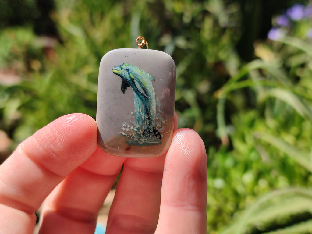 Polished Polychrome Jasper Pendant with Hand Painted Dolphin - sold per item - From Madagascar - Toprock Gemstones and Minerals 