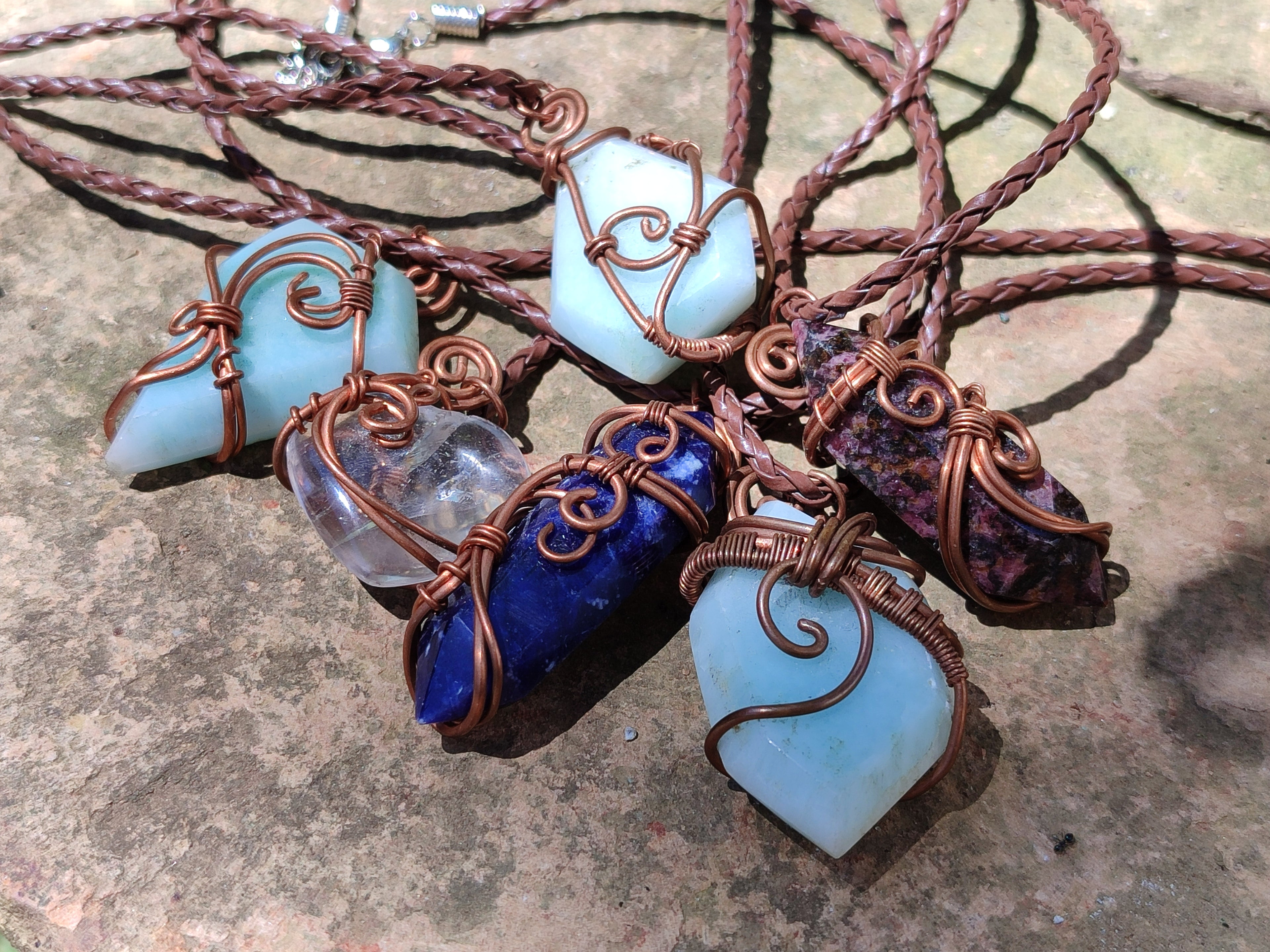 Hand Made Assorted Copper Wire Wrapped Stone Pendants x 6 From Southern Africa - Toprock Gemstones and Minerals 