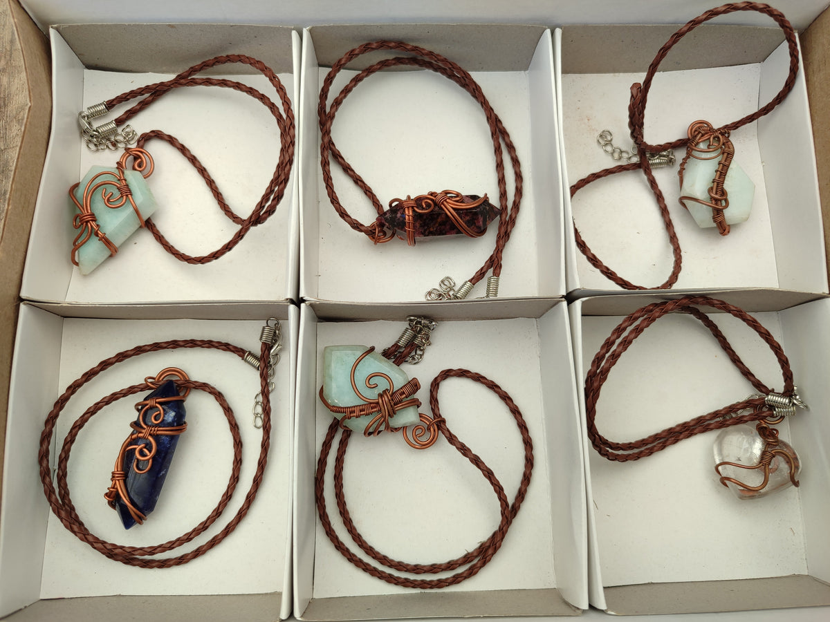 Hand Made Assorted Copper Wire Wrapped Stone Pendants x 6 From Southern Africa - Toprock Gemstones and Minerals 