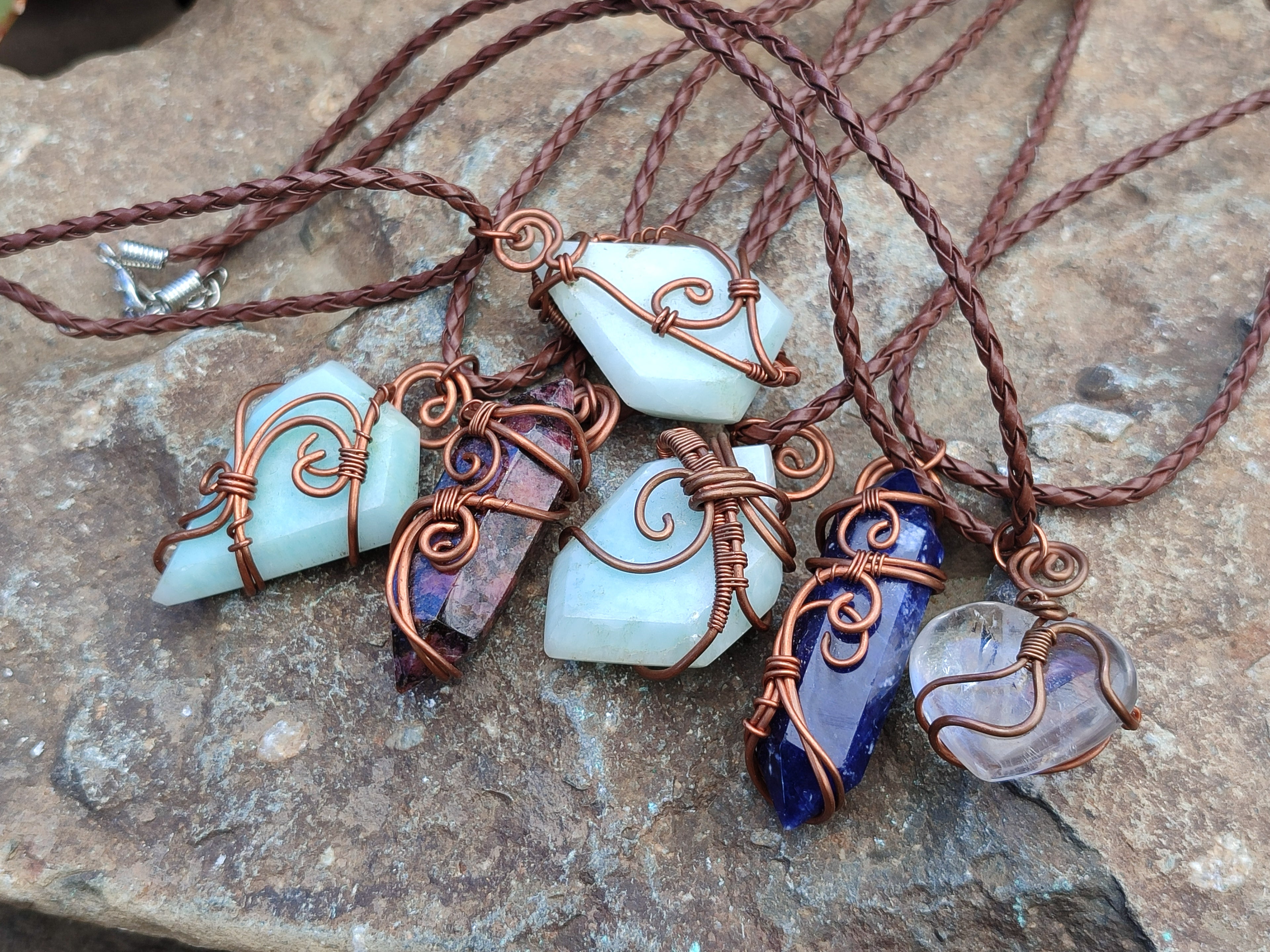 Hand Made Assorted Copper Wire Wrapped Stone Pendants x 6 From Southern Africa - Toprock Gemstones and Minerals 