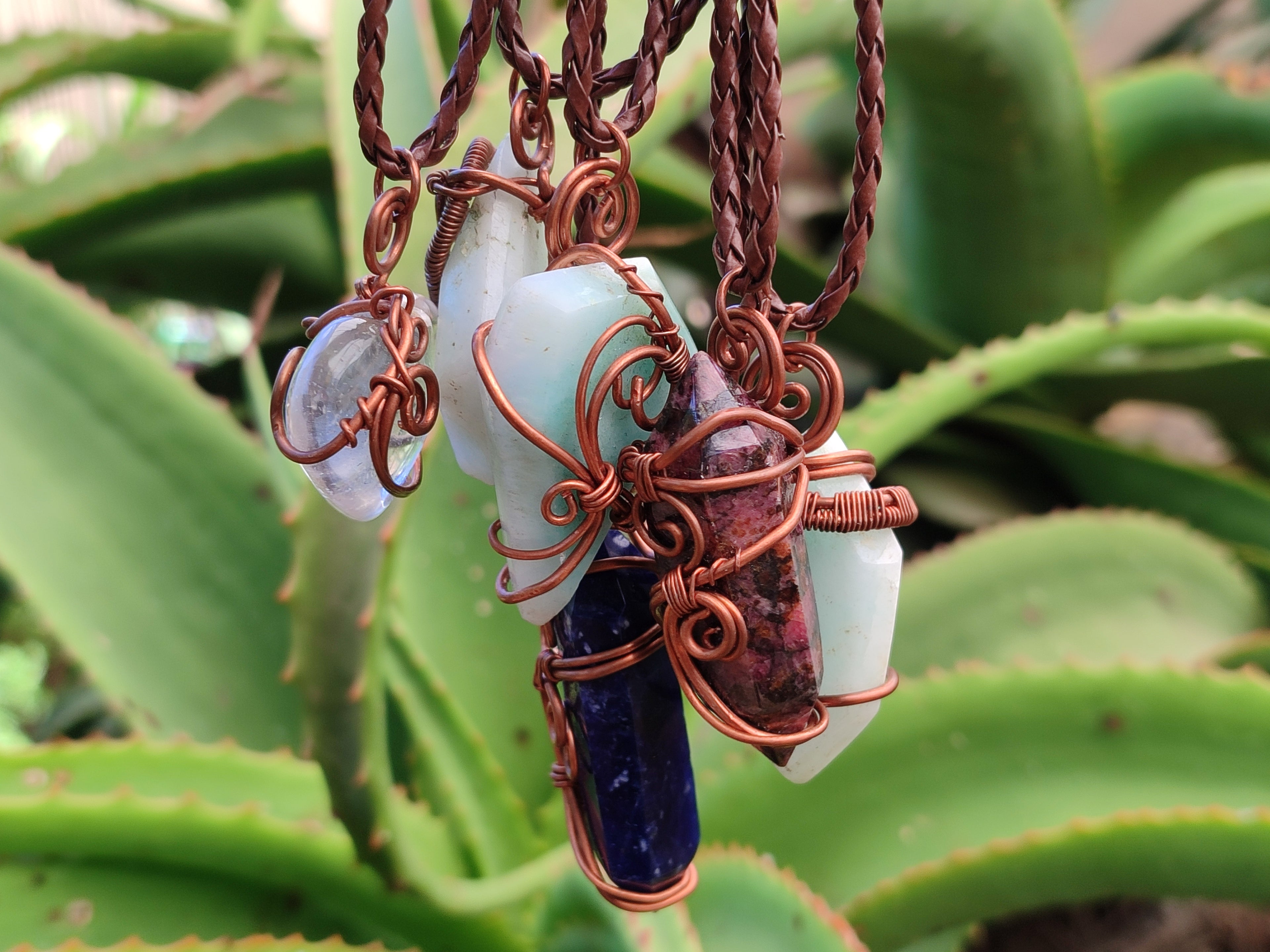 Hand Made Assorted Copper Wire Wrapped Stone Pendants x 6 From Southern Africa - Toprock Gemstones and Minerals 