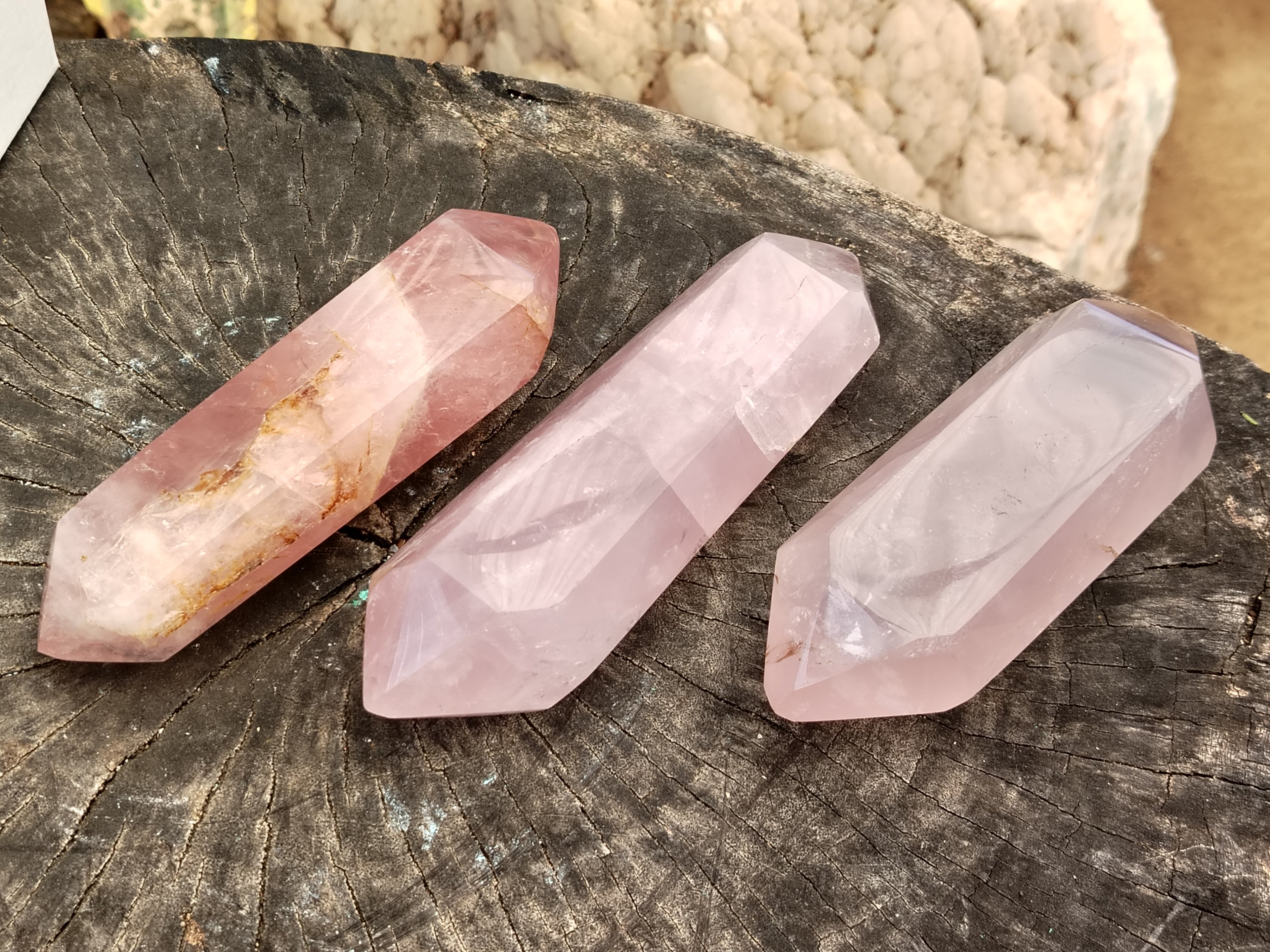 Polished Double Terminated Rose Quartz Points x 3 From Ambatondrazaka, Madagascar - Toprock Gemstones and Minerals 