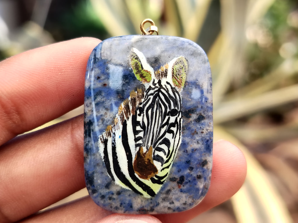 Polished Dumortierite Pendants with Hand Painted Zebras - sold per item - From Mozambique - Toprock Gemstones and Minerals 
