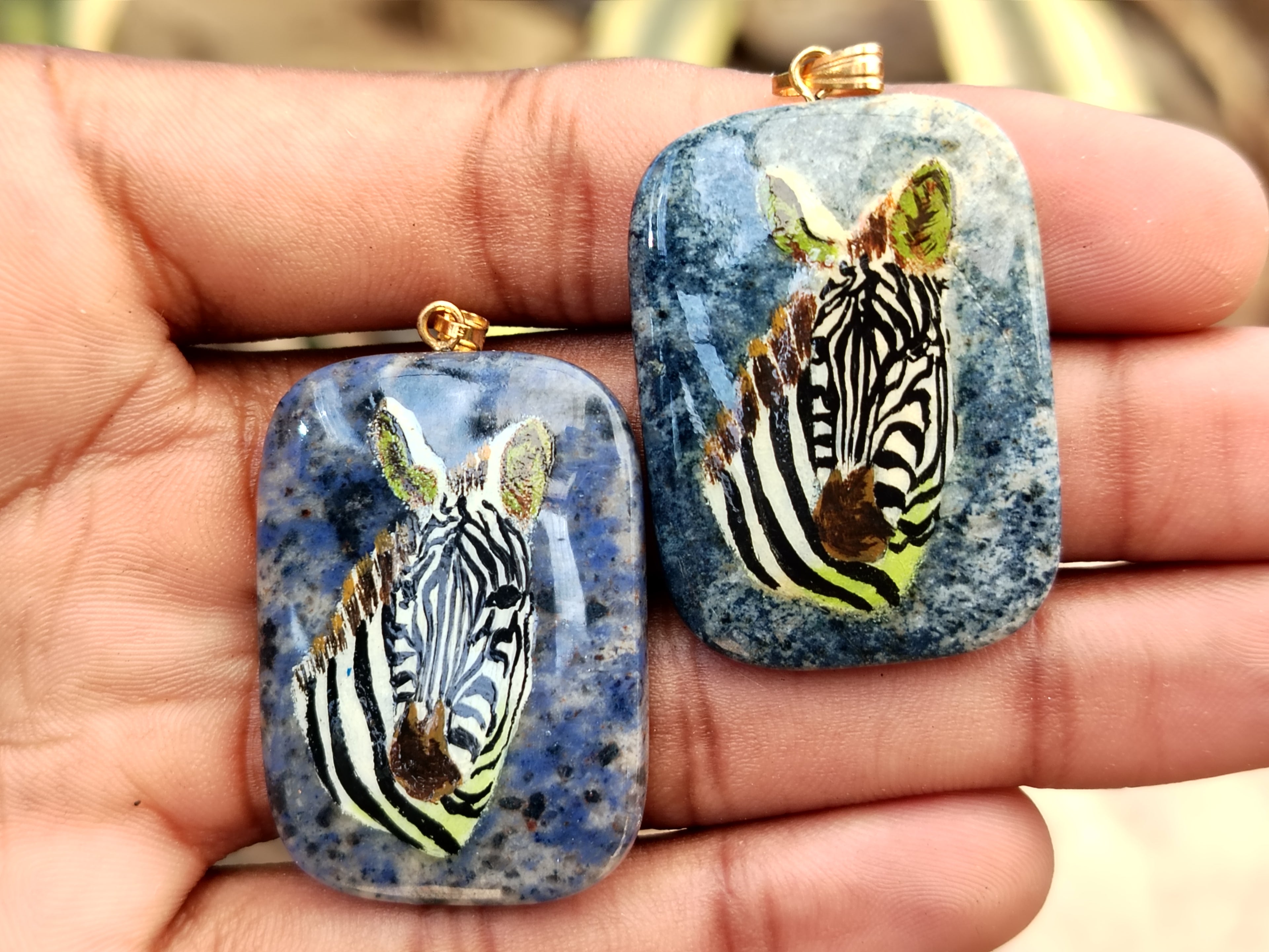 Polished Dumortierite Pendants with Hand Painted Zebras - sold per item - From Mozambique - Toprock Gemstones and Minerals 