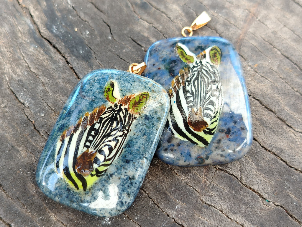 Polished Dumortierite Pendants with Hand Painted Zebras - sold per item - From Mozambique - Toprock Gemstones and Minerals 