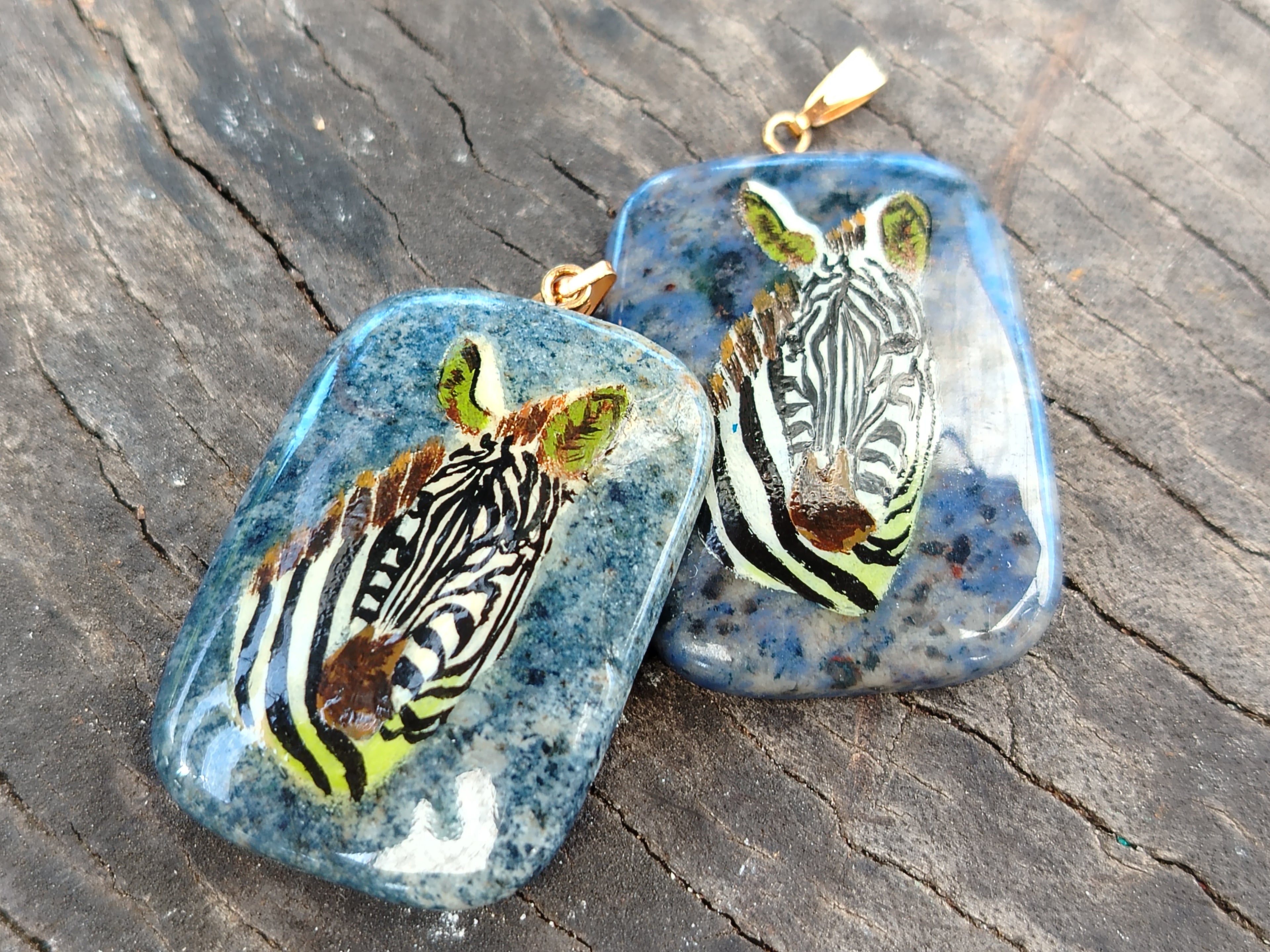 Polished Dumortierite Pendants with Hand Painted Zebras - sold per item - From Mozambique - Toprock Gemstones and Minerals 