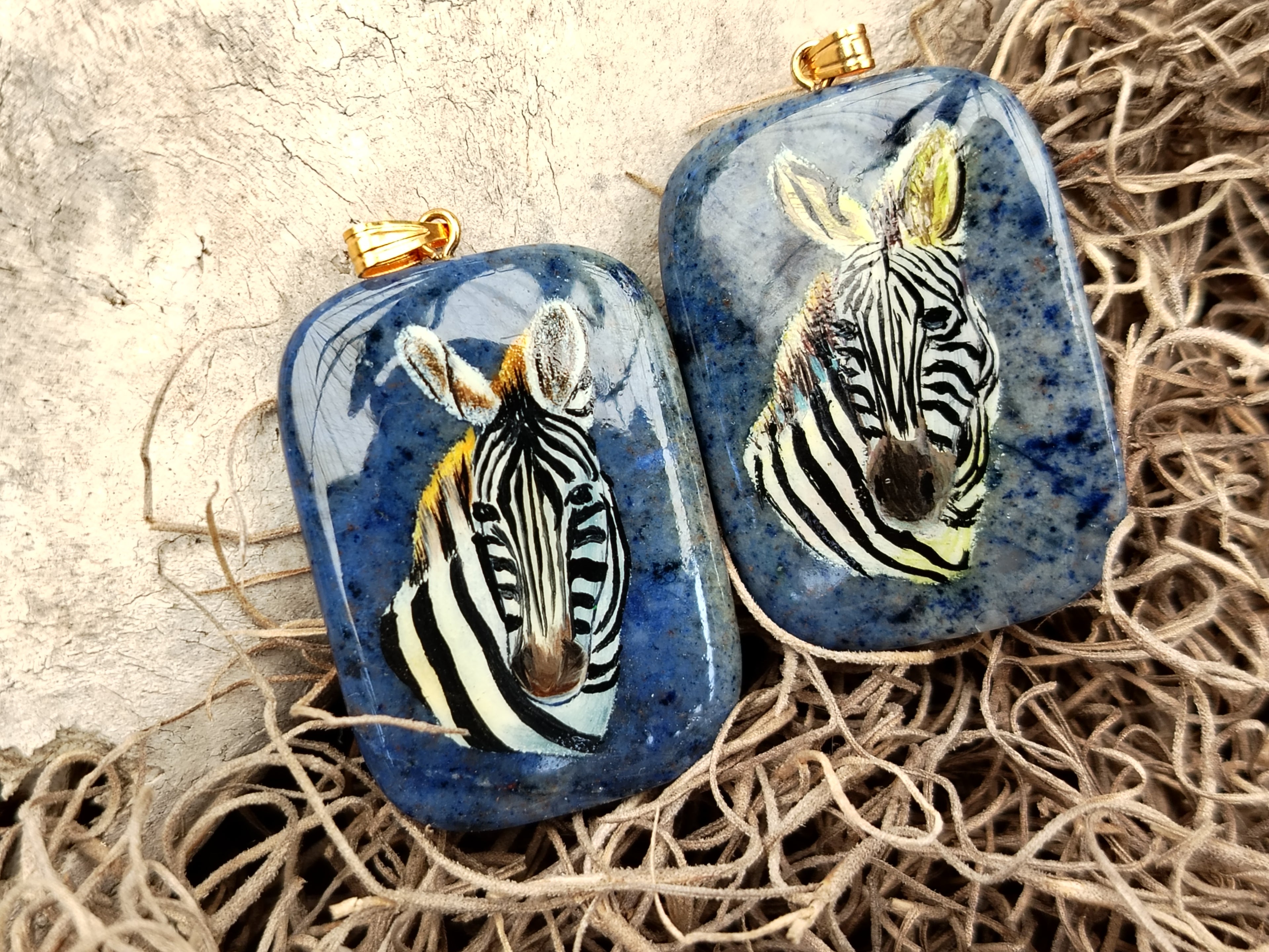 Polished Dumortierite Pendants with Hand Painted Zebras - sold per item - From Mozambique - Toprock Gemstones and Minerals 