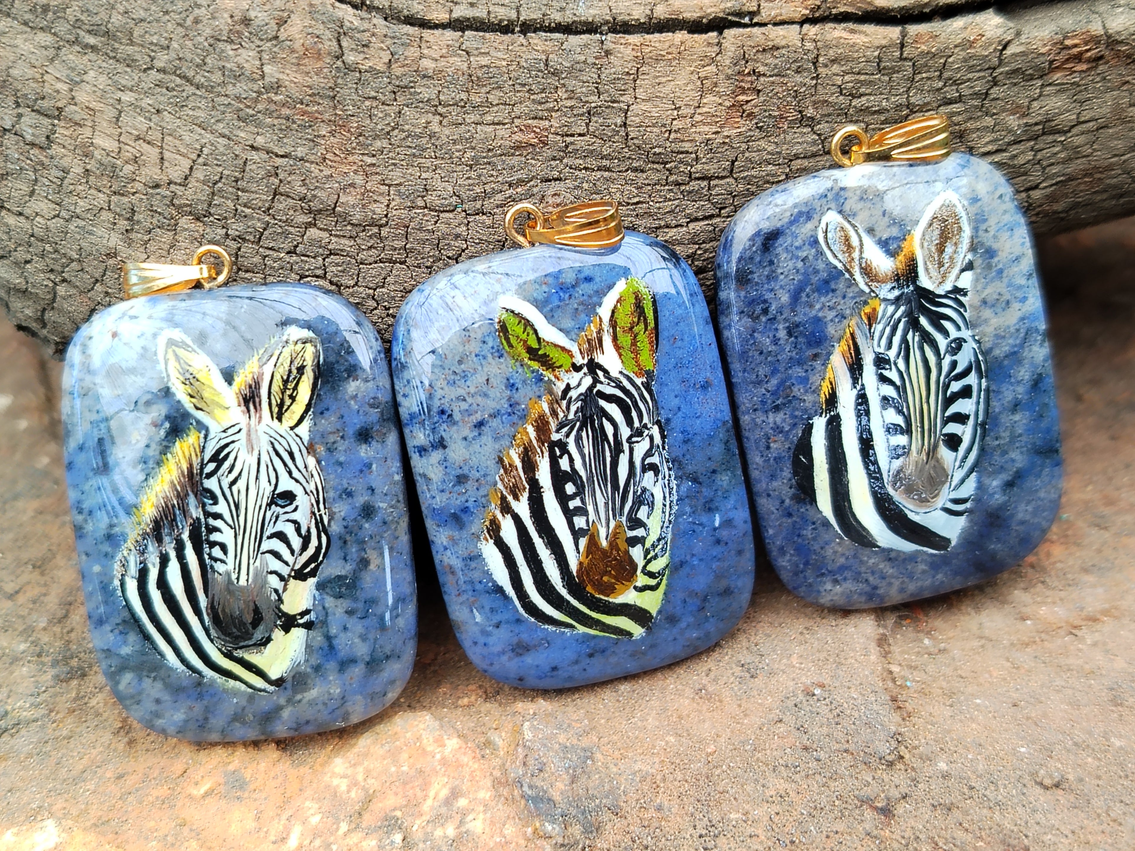 Polished Dumortierite Pendants with Hand Painted Zebras - sold per item - From Mozambique - Toprock Gemstones and Minerals 