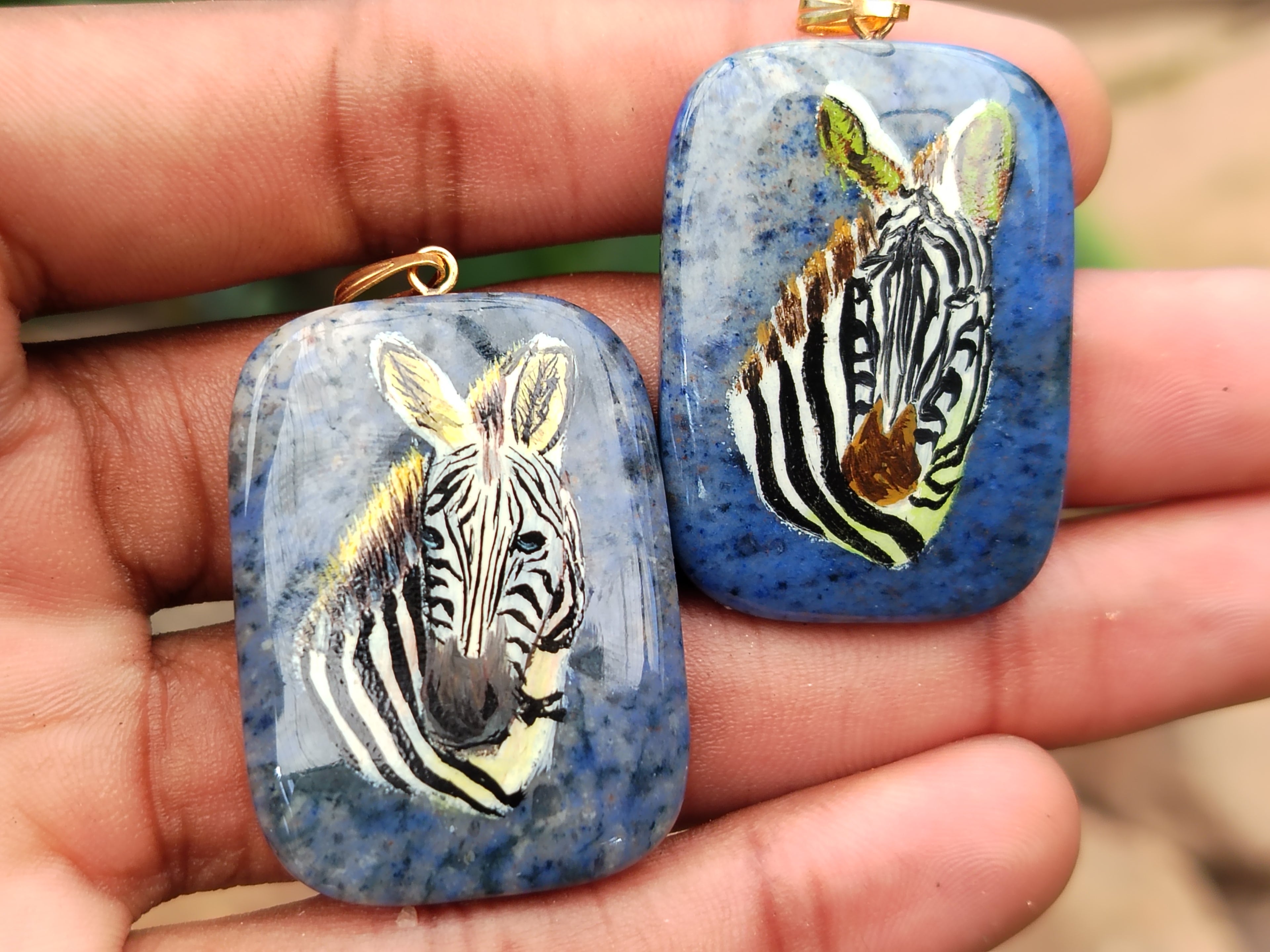 Polished Dumortierite Pendants with Hand Painted Zebras - sold per item - From Mozambique - Toprock Gemstones and Minerals 