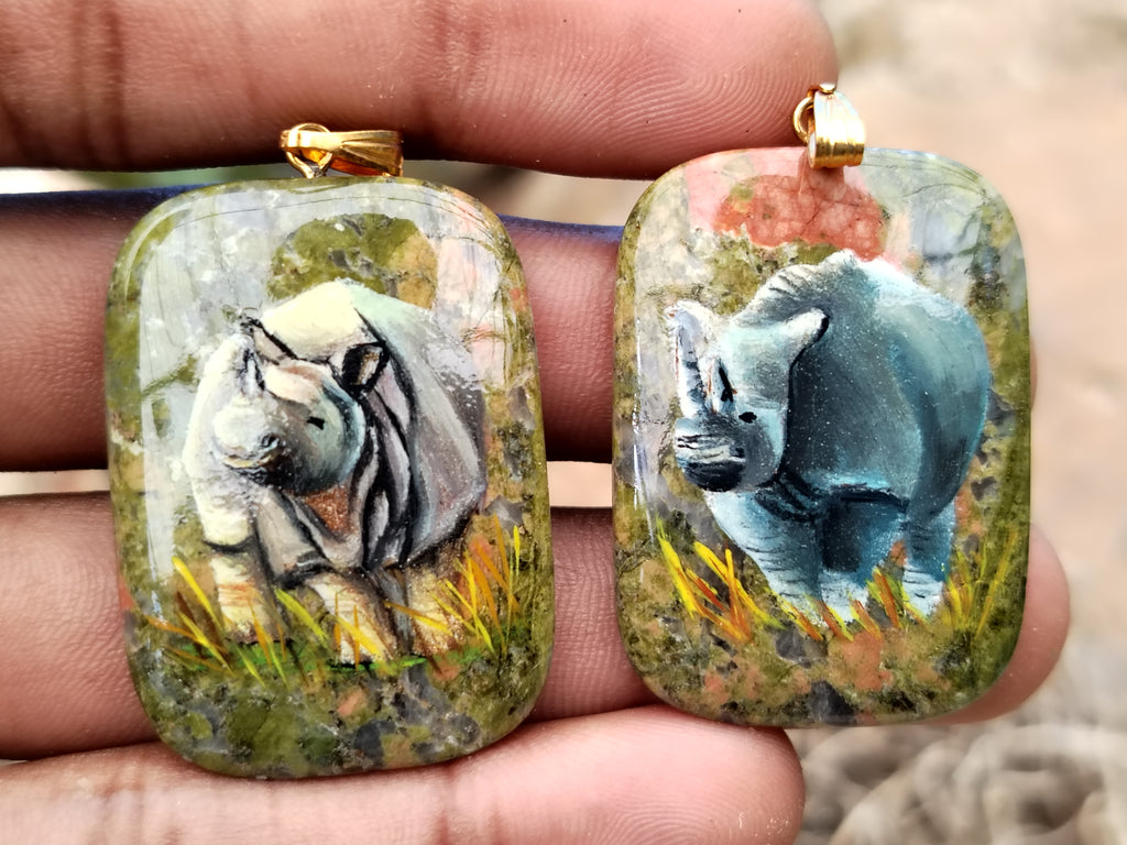 Polished Unakite Pendant with Hand Painted Rhino - Sold Per Item - From South Africa - Toprock Gemstones and Minerals 