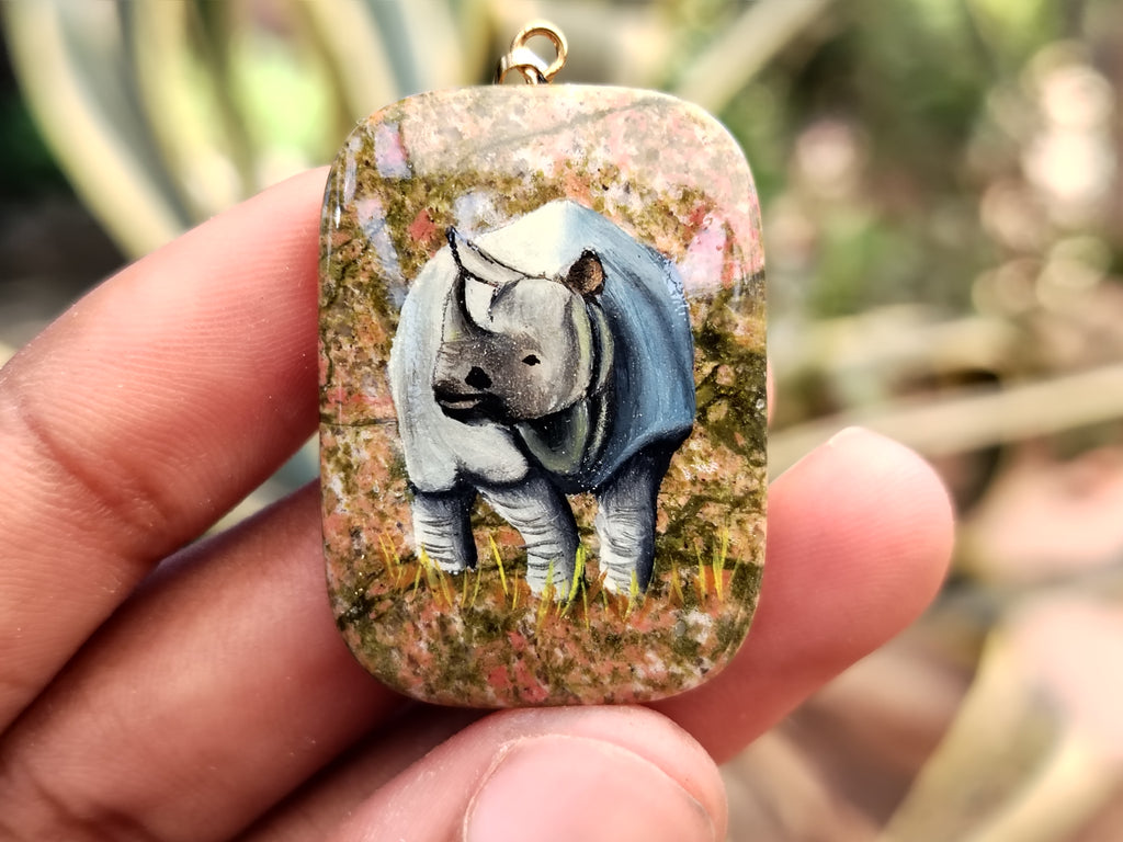 Polished Unakite Pendant with Hand Painted Rhino - Sold Per Item - From South Africa - Toprock Gemstones and Minerals 