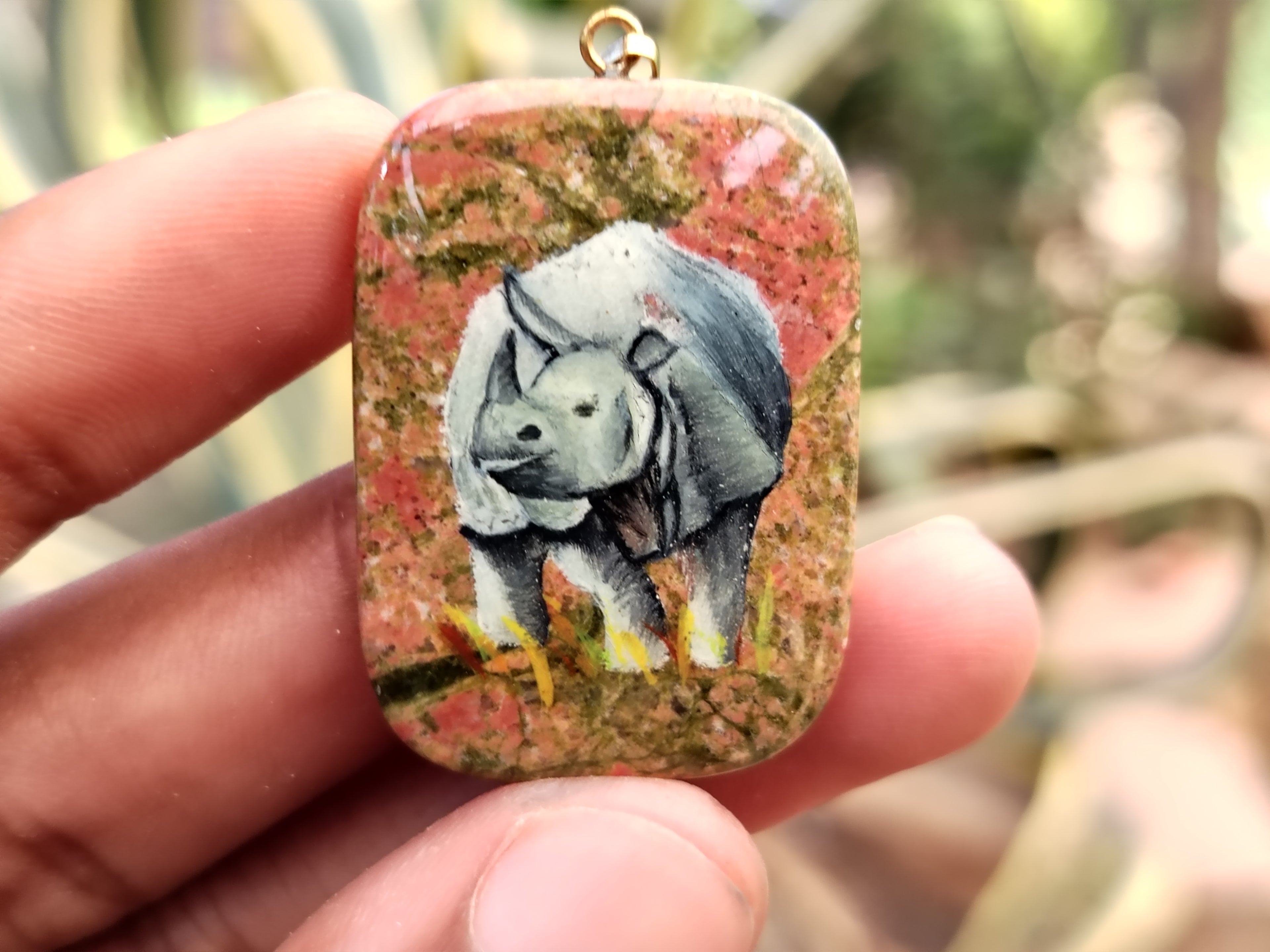 Polished Unakite Pendant with Hand Painted Rhino - Sold Per Item - From South Africa - Toprock Gemstones and Minerals 