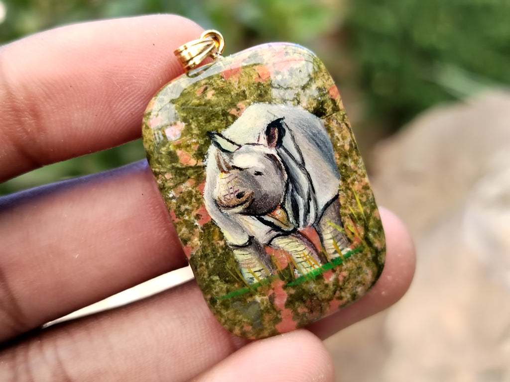 Polished Unakite Pendant with Hand Painted Rhino - Sold Per Item - From South Africa - Toprock Gemstones and Minerals 