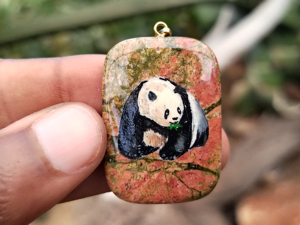 Polished Unakite Pendant with Hand Painted Panda - Sold Per Item - From South Africa - Toprock Gemstones and Minerals 