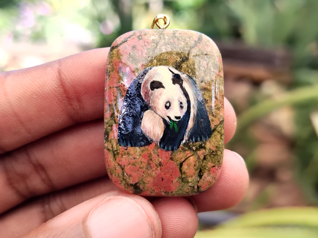 Polished Unakite Pendant with Hand Painted Panda - Sold Per Item - From South Africa - Toprock Gemstones and Minerals 