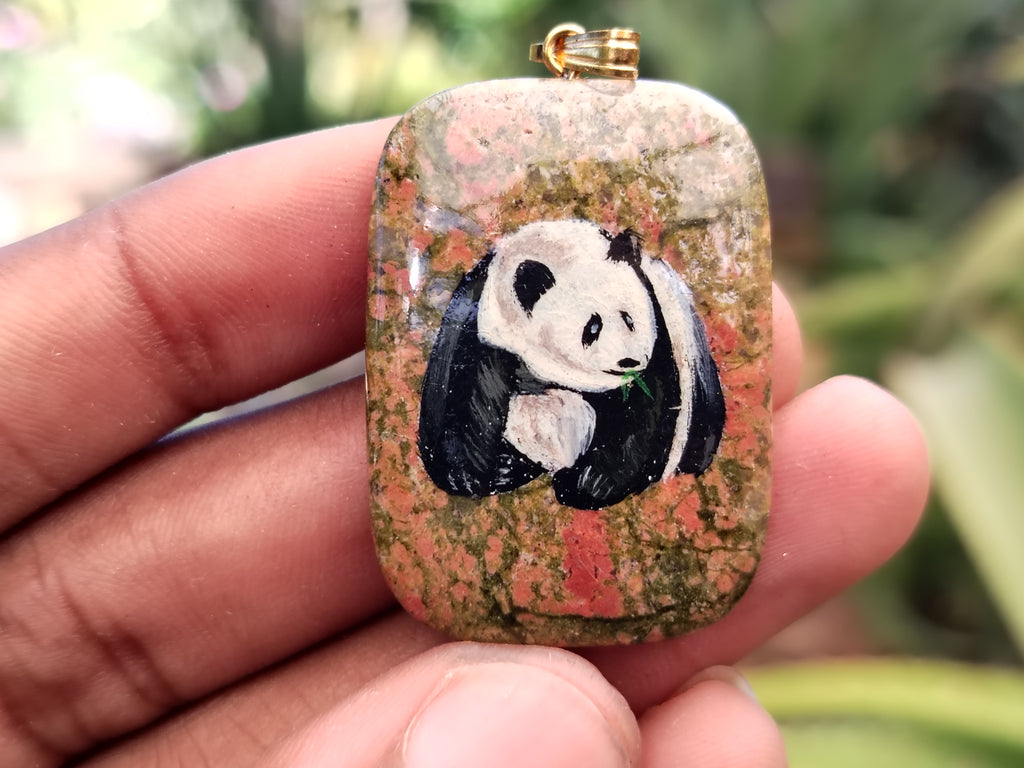 Polished Unakite Pendant with Hand Painted Panda - Sold Per Item - From South Africa - Toprock Gemstones and Minerals 