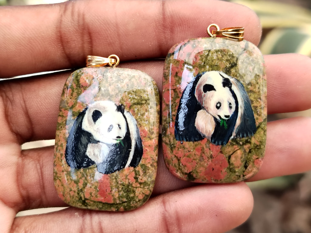 Polished Unakite Pendant with Hand Painted Panda - Sold Per Item - From South Africa - Toprock Gemstones and Minerals 