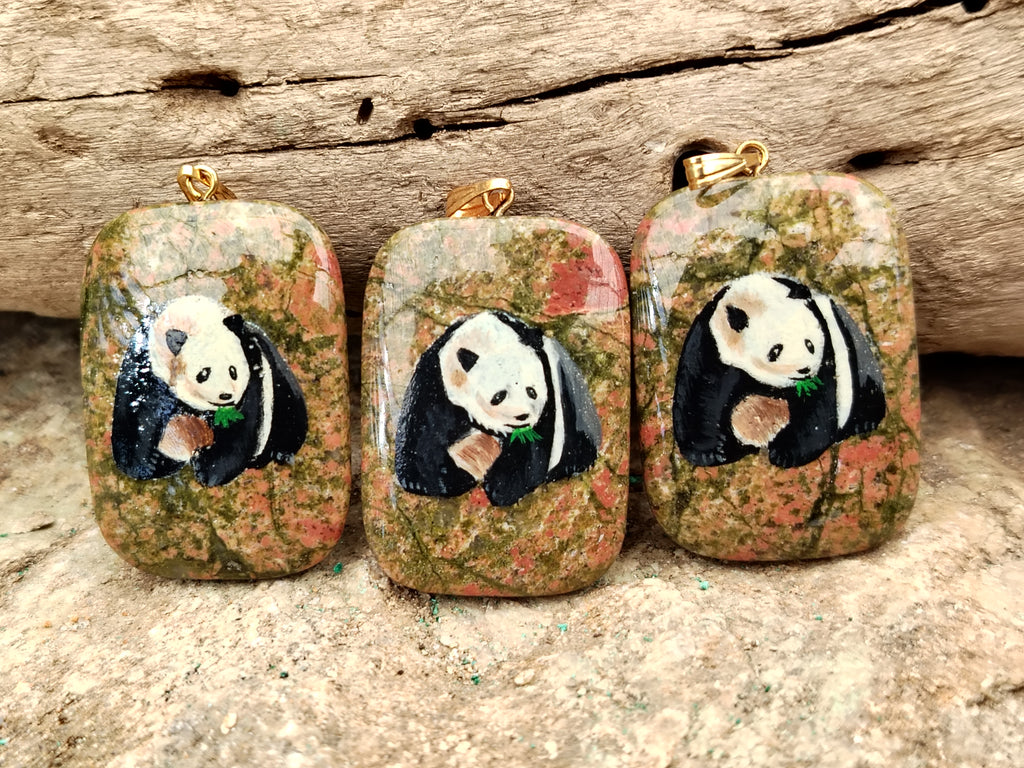Polished Unakite Pendant with Hand Painted Panda - Sold Per Item - From South Africa - Toprock Gemstones and Minerals 