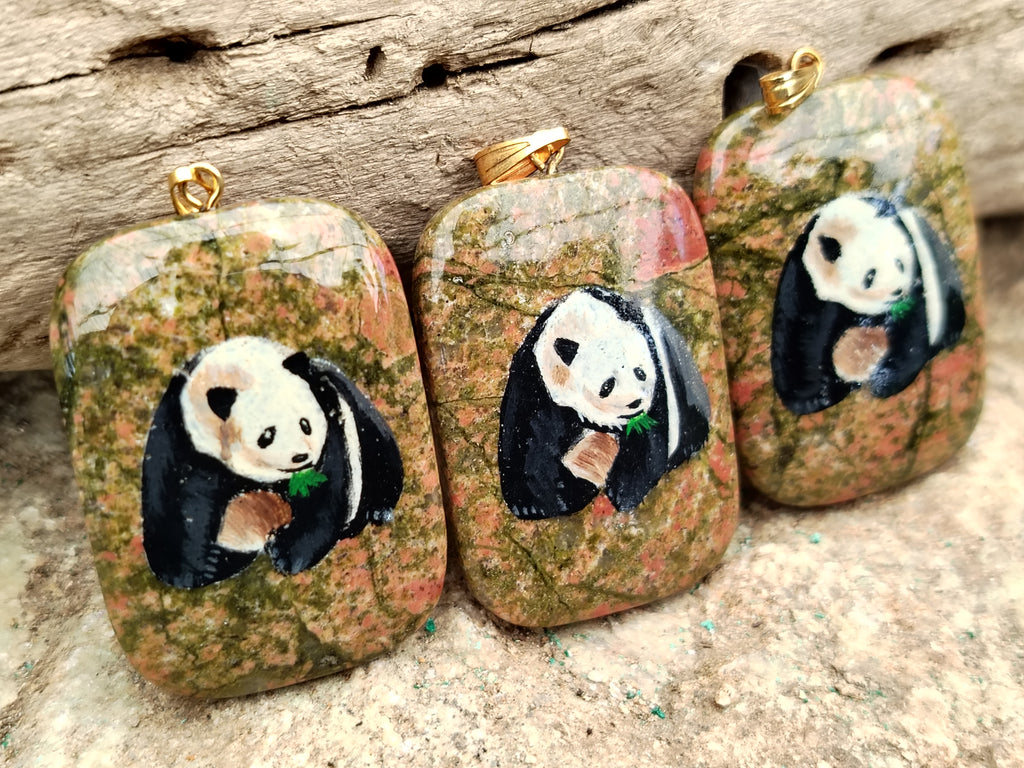 Polished Unakite Pendant with Hand Painted Panda - Sold Per Item - From South Africa - Toprock Gemstones and Minerals 