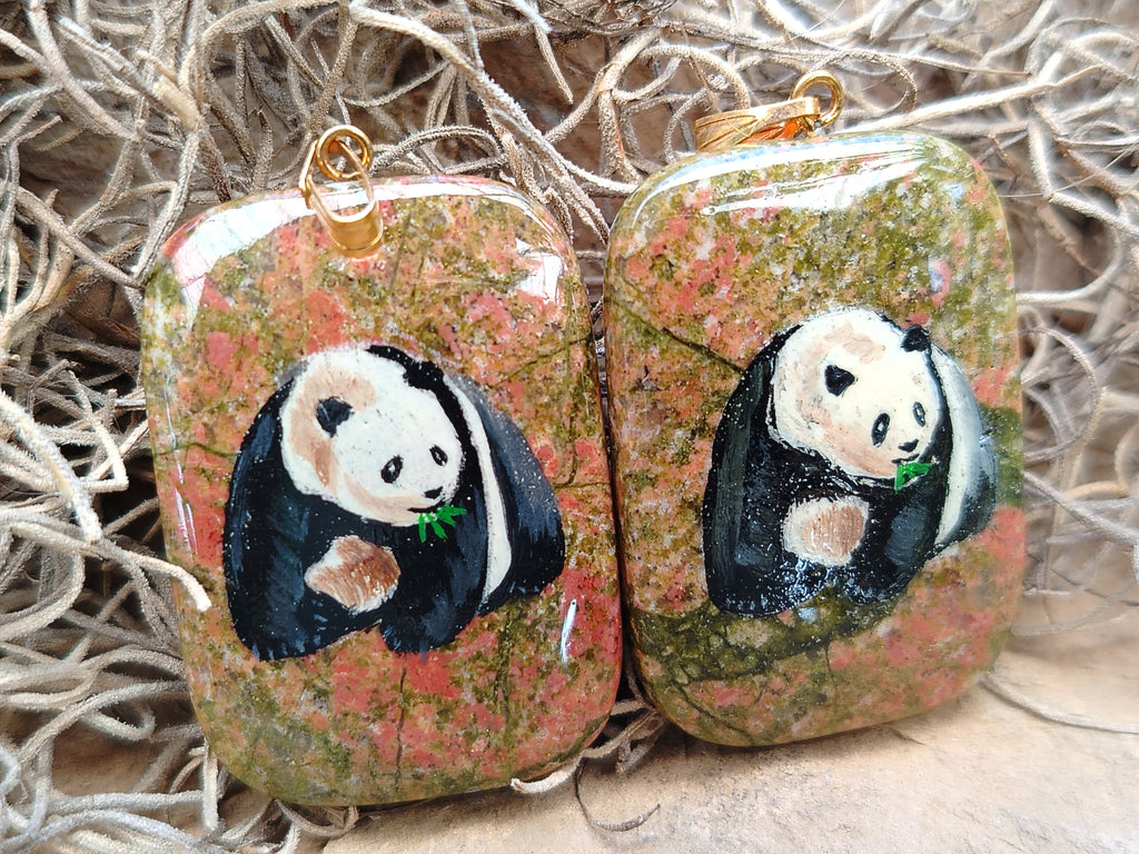 Polished Unakite Pendant with Hand Painted Panda - Sold Per Item - From South Africa - Toprock Gemstones and Minerals 