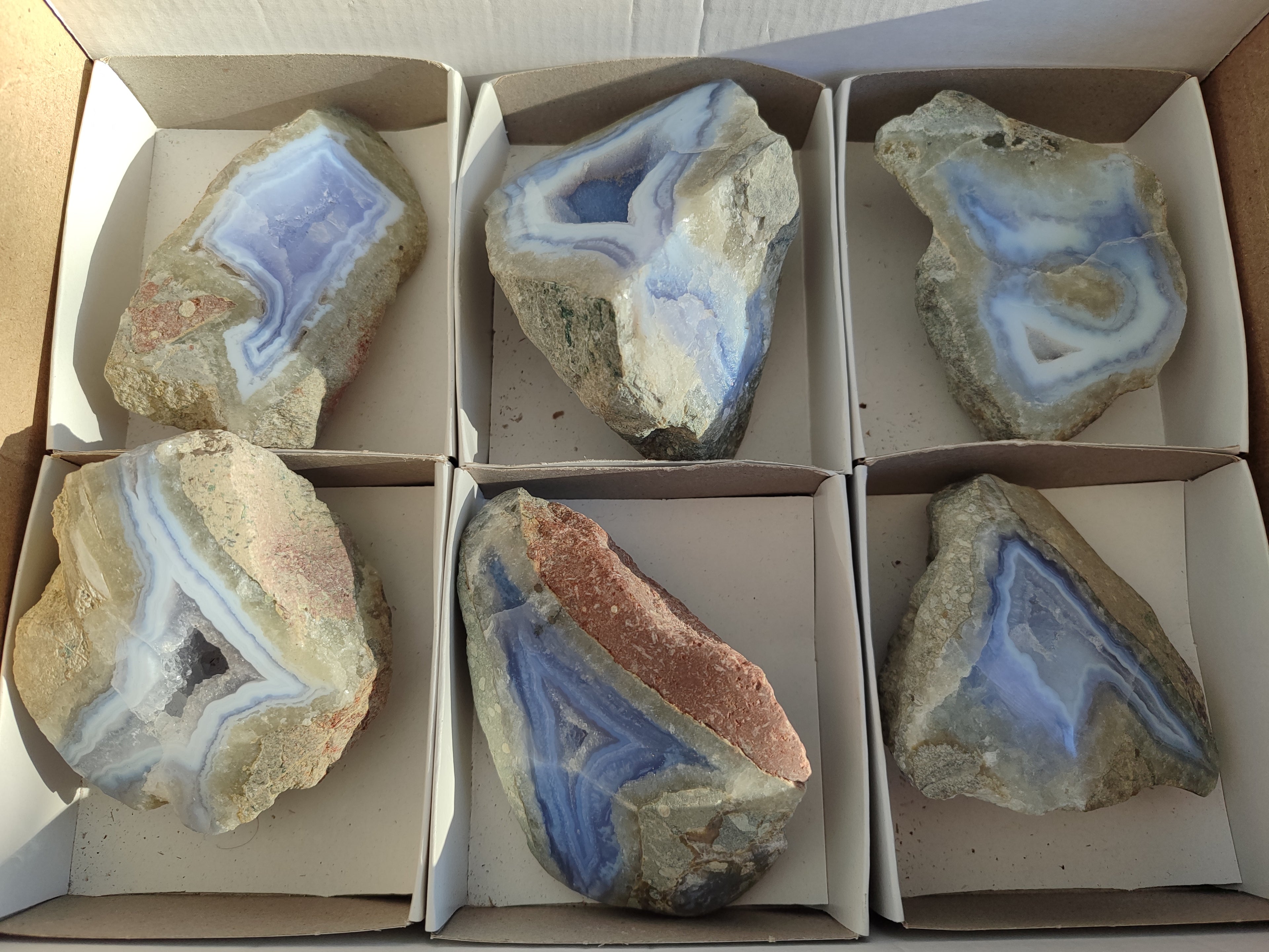 Natural Blue Lace Agate Geode Specimens x 6 From Nsanje, Malawi - Toprock Gemstones and Minerals 