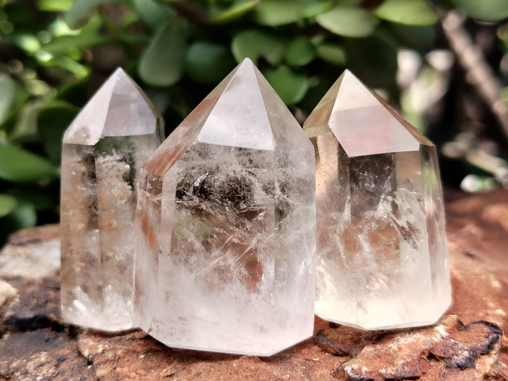 Polished Clear Quartz Crystals with Rainbow Veils x 12 From Madagascar - Toprock Gemstones and Minerals 