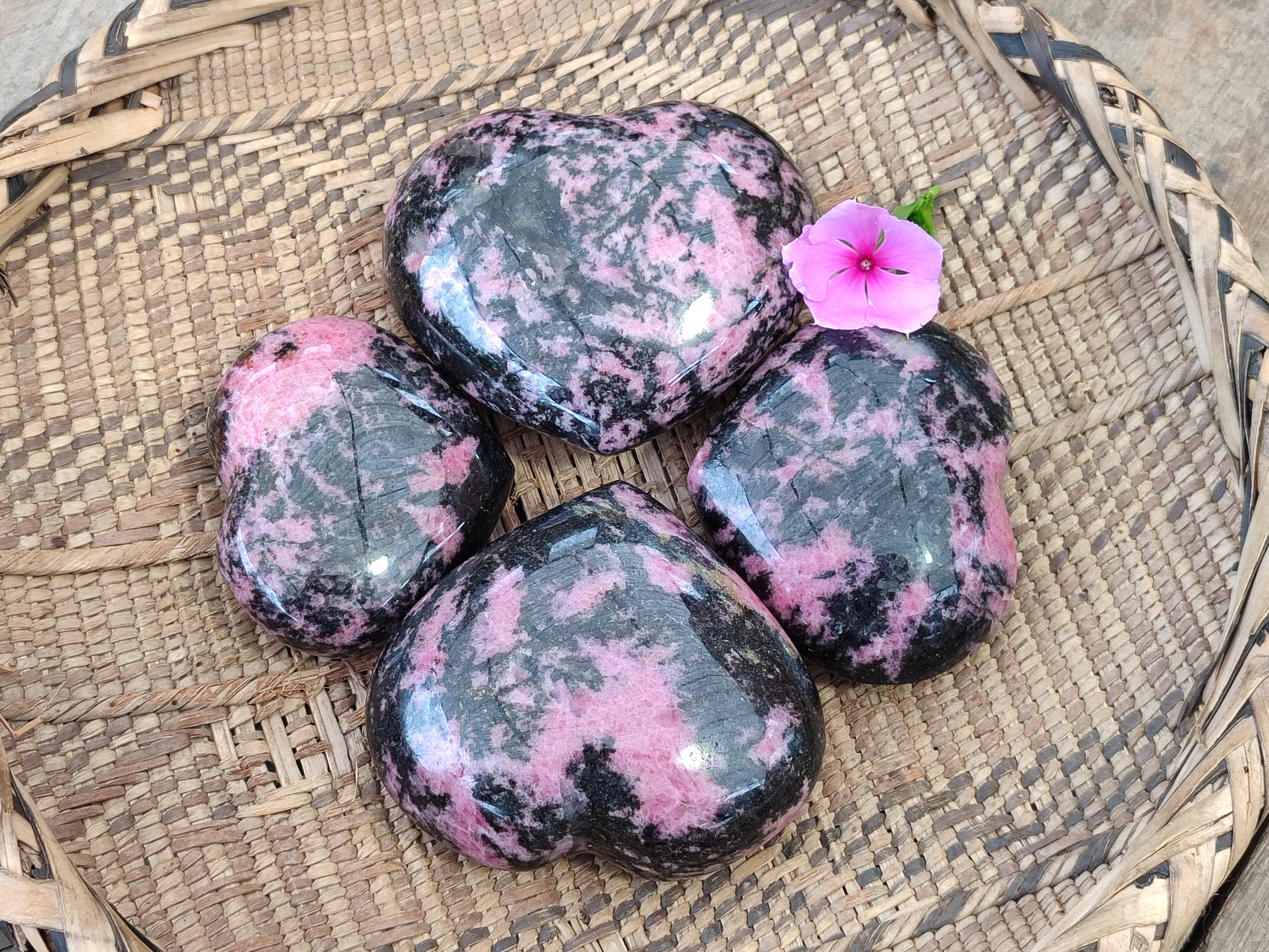 Polished Rhodonite Gemstone Hearts x 4 From Madagascar - Toprock Gemstones and Minerals 