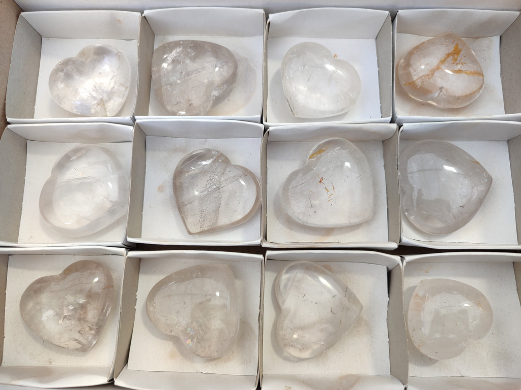 Polished Clear Quartz Gemstone Hearts x 12 From Madagascar - Toprock Gemstones and Minerals 