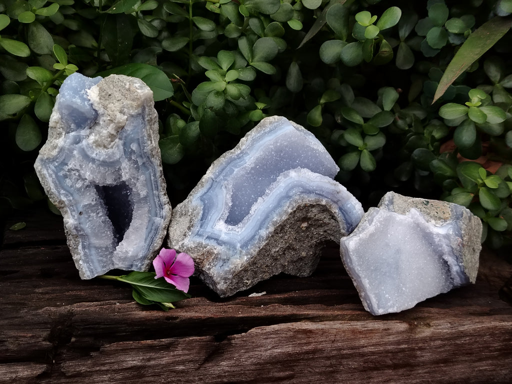Natural Blue Lace Agate Geode Specimens x 3 From Malawi - Toprock Gemstones and Minerals 