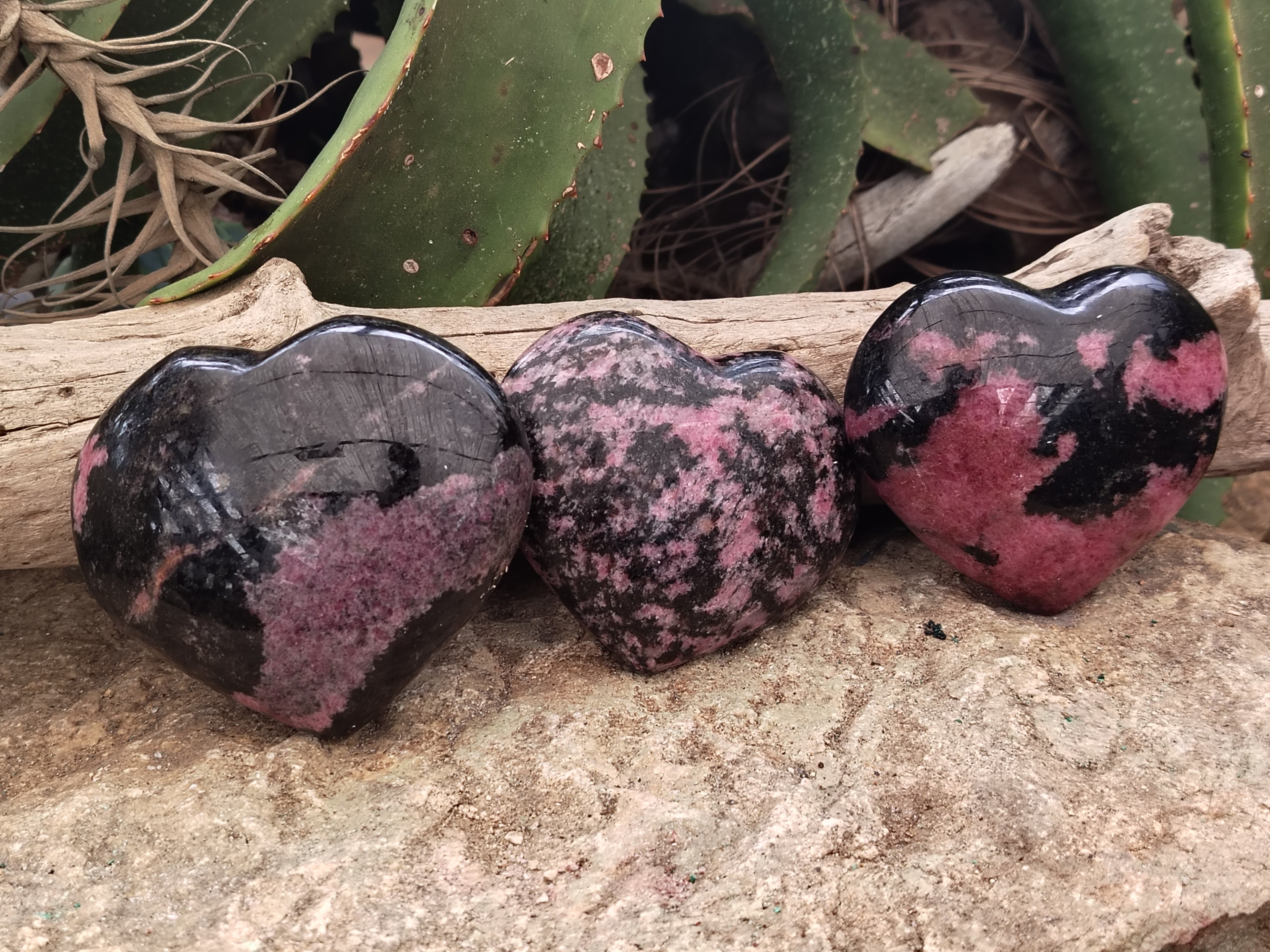 Polished Rhodonite Gemstone Hearts x 3 From Madagascar - Toprock Gemstones and Minerals 