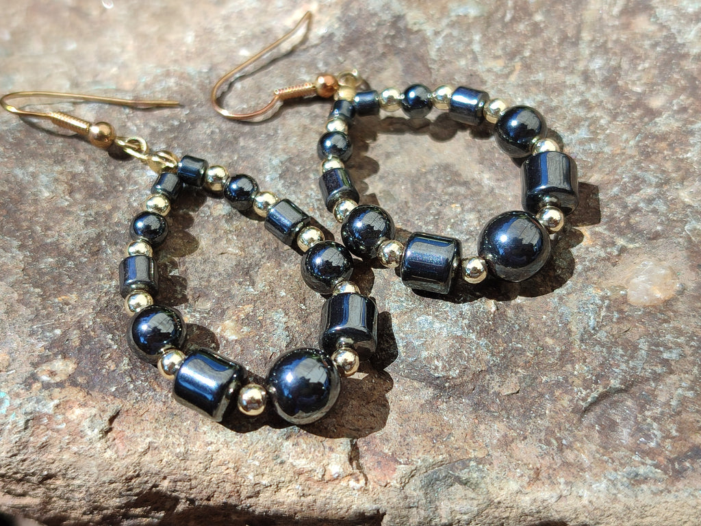 Polished Pair of Hematite Bead Hoop Earrings - sold per Pair - From China - Toprock Gemstones and Minerals 