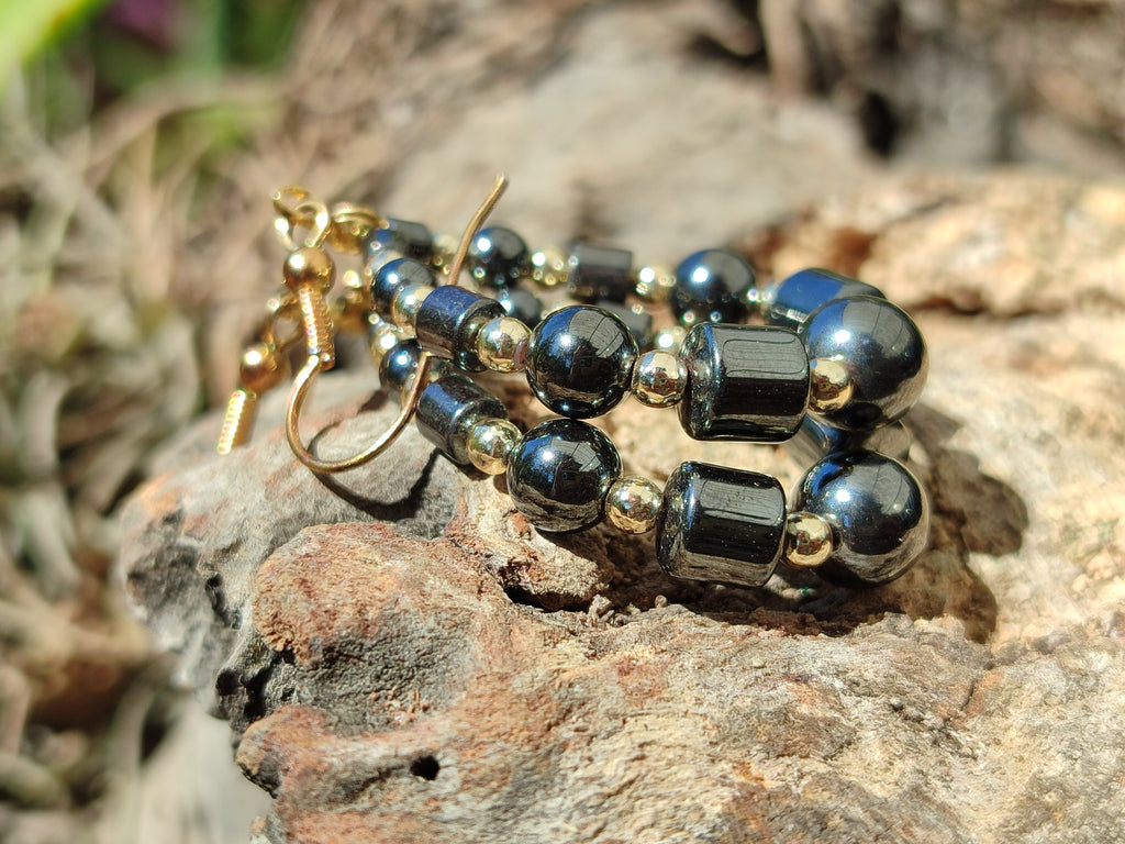 Polished Pair of Hematite Bead Hoop Earrings - sold per Pair - From China - Toprock Gemstones and Minerals 