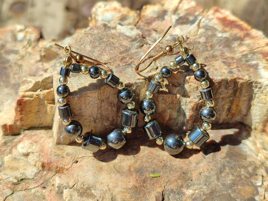 Polished Pair of Hematite Bead Hoop Earrings - sold per Pair - From China - Toprock Gemstones and Minerals 