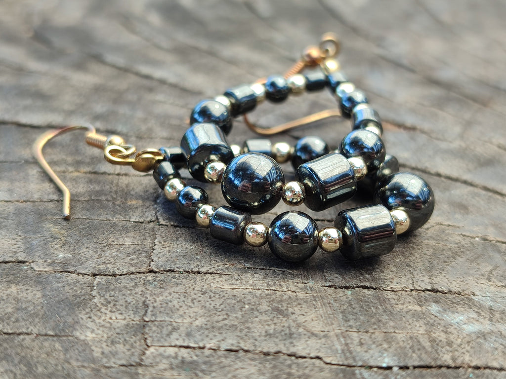 Polished Pair of Hematite Bead Hoop Earrings - sold per Pair - From China - Toprock Gemstones and Minerals 