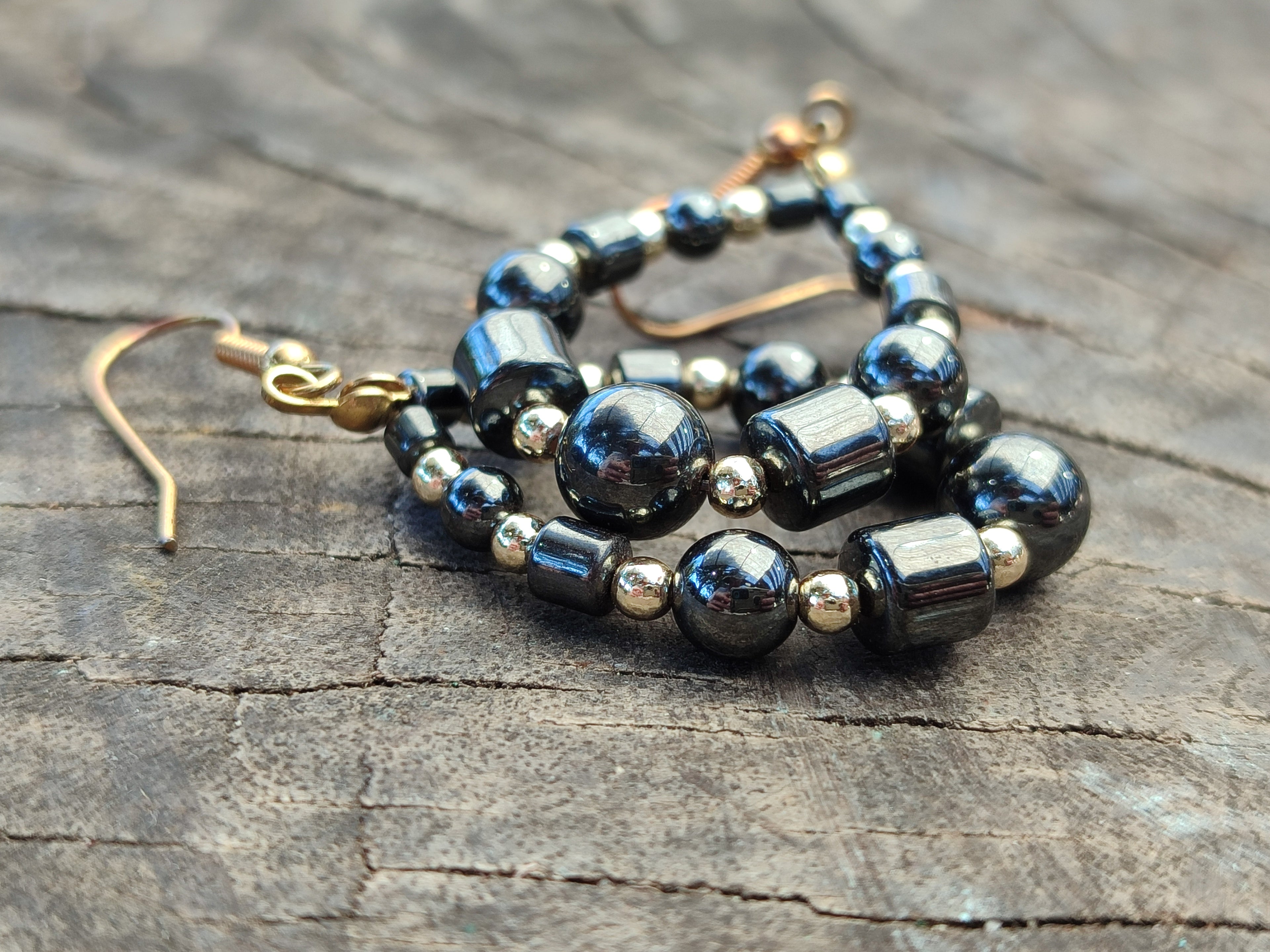 Polished Pair of Hematite Bead Hoop Earrings - sold per Pair - From China - Toprock Gemstones and Minerals 