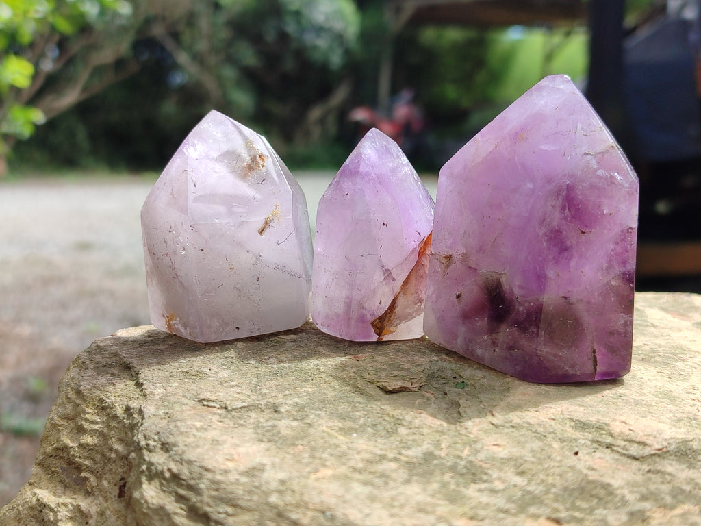 Polished Smokey Window Amethyst Quartz Crystals x 12 From Akansobe, Madagascar - Toprock Gemstones and Minerals 