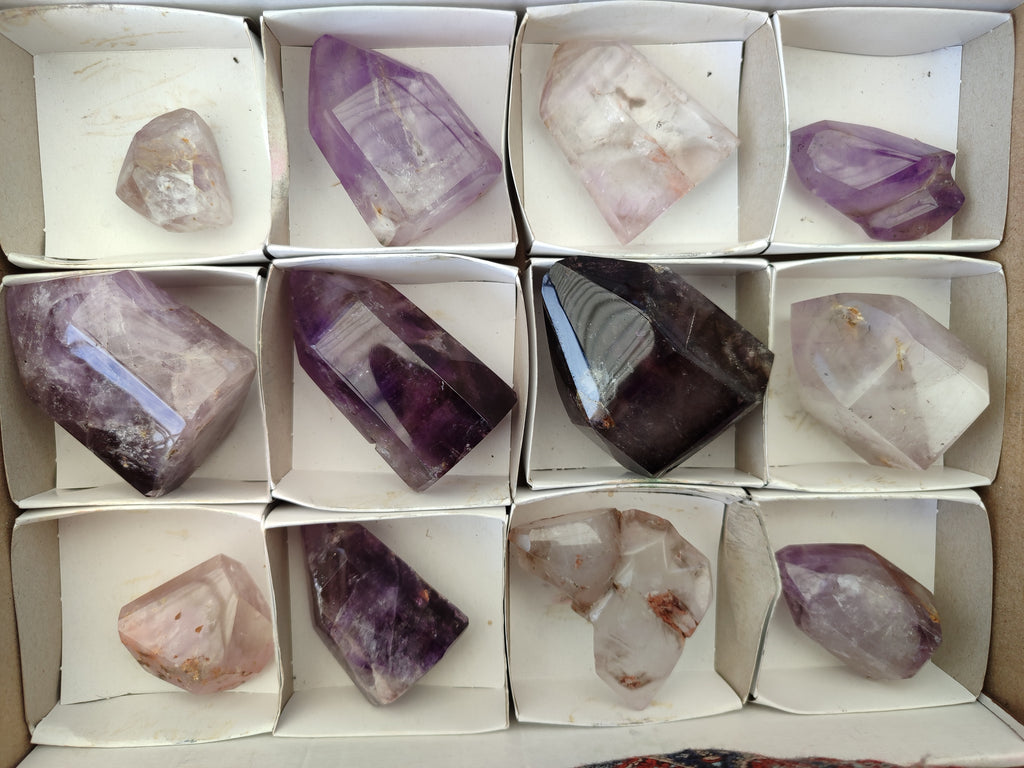 Polished Smokey Window Amethyst Quartz Crystals x 12 From Akansobe, Madagascar - Toprock Gemstones and Minerals 