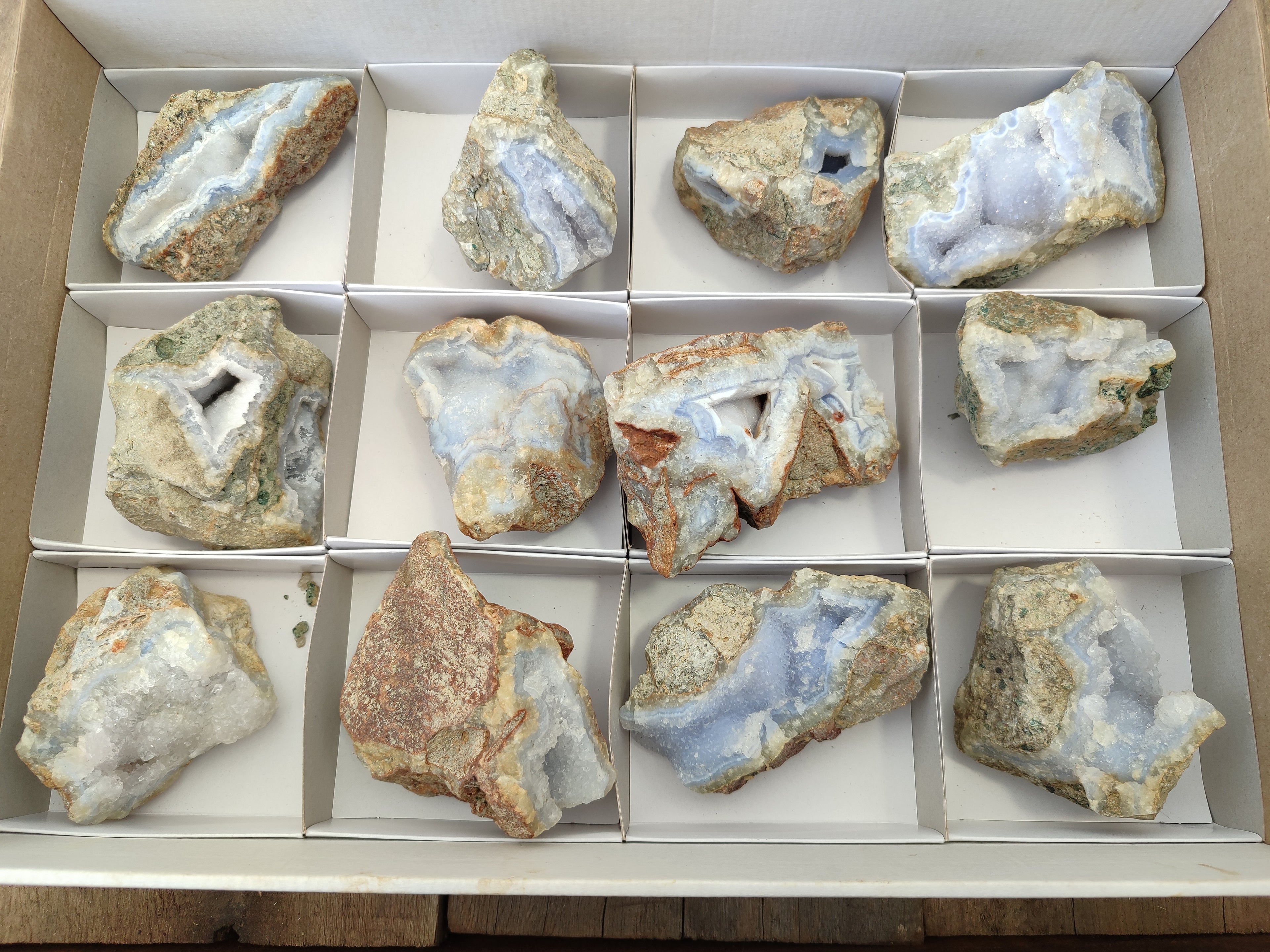 Natural Blue Lace Agate Geode Specimens x 12 From Nsanje, Malawi - Toprock Gemstones and Minerals 