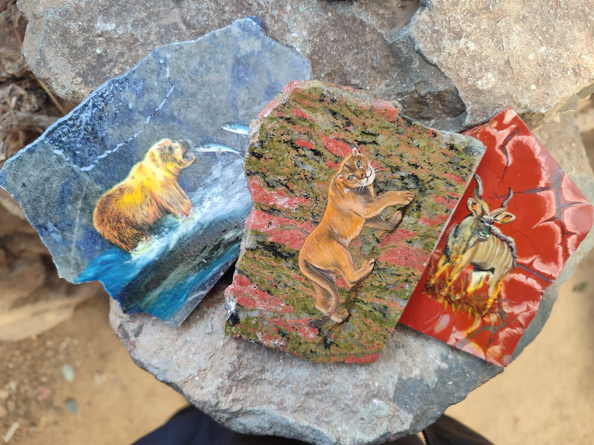 Hand Made Animal Decoupage Stone Slabs x 3 From Southern Africa - Toprock Gemstones and Minerals 